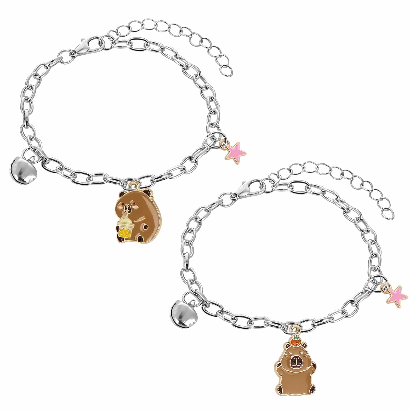 Capybara bransoletka dla dzieci, dziewczynek, chłopców, 2 sztuki, srebrna bransoletka dla dzieci, 18 + 5 cm, bransoletki przyjaźni, prezent na Boże Narodzenie, urodziny, dla dziewczynek i