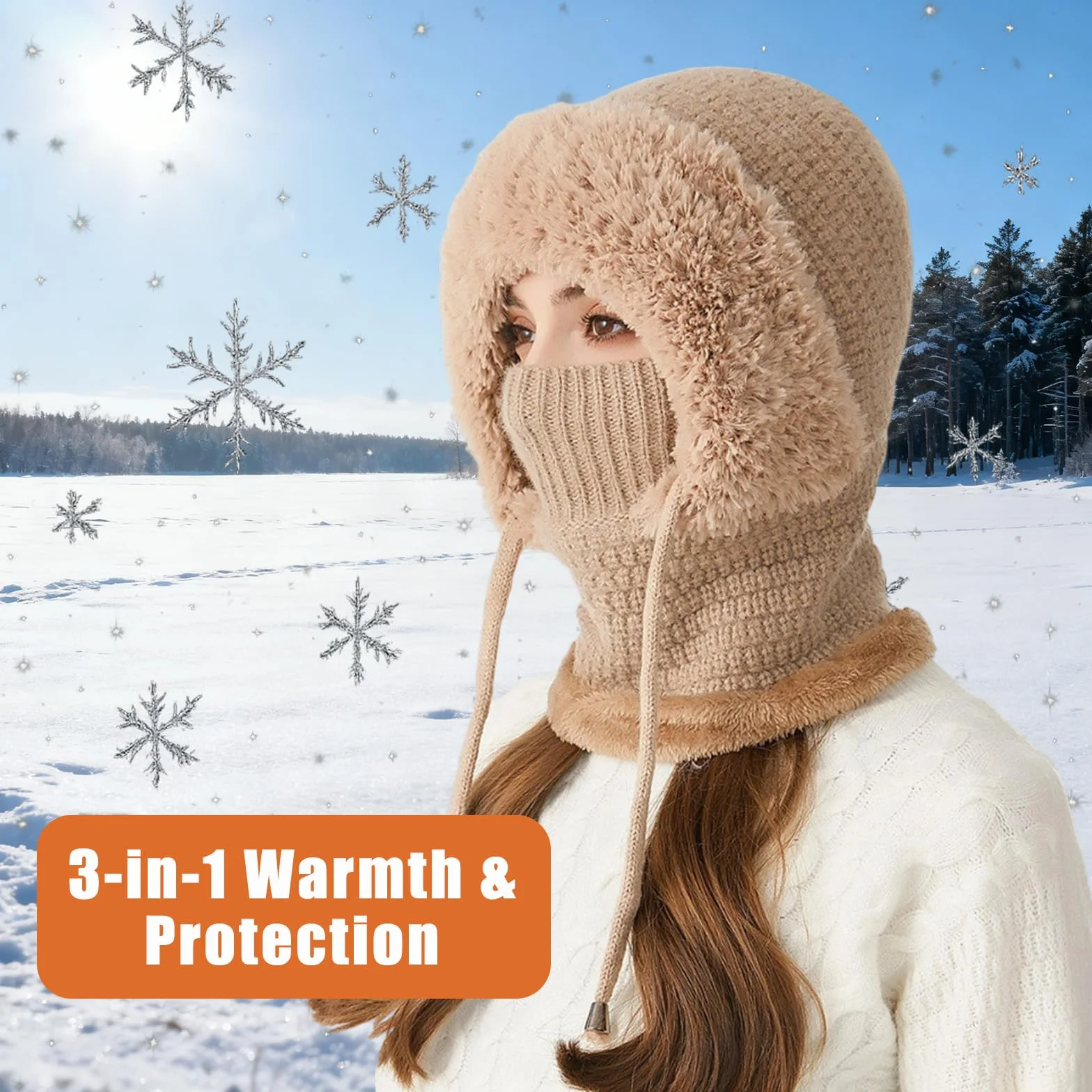 3 in 1 Beanie Hat with Scarf and Mask for Women, Warm Knitted Winter Balaclava Hood for Skiing, Hiking