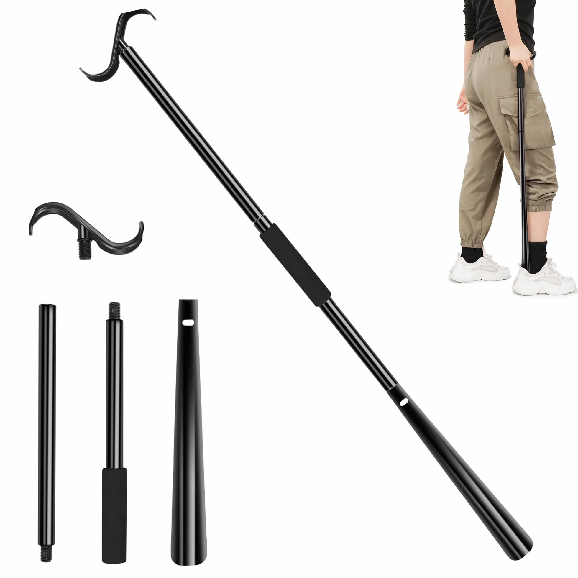 Łyżka do butów, bardzo długa, 90 cm, długa łyżka do butów, 3 w 1, pomoc w zakładaniu i usuwaniu skarpet, butów i ubrań w pozycji siedzącej lub stojącej, dla mężczyzn, kobiet, dzieci, seniorów