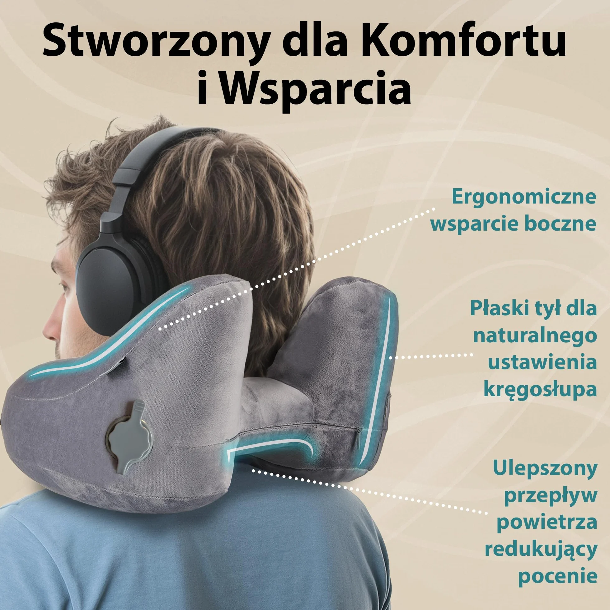 FLOWZOOM Air Dmuchana Poduszka Podróżna z Kapturem dla Kobiet - Do Samolotów, Pociągów i Samochodów - Poduszka Zapewnia Wsparcie Szyi 360 ° - Szybkie Pompowanie - Szary Rozmiar L