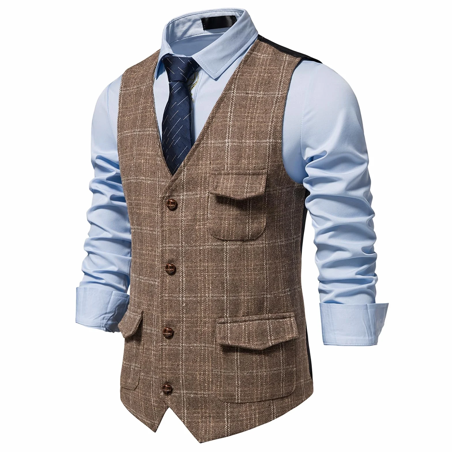 MakingDa Męska kamizelka w kratkę, formalna kamizelka bez rękawów, dekolt w serek, w kratę, tweed, biznesowa, casualowa, garnitur, kamizelka z kieszenią