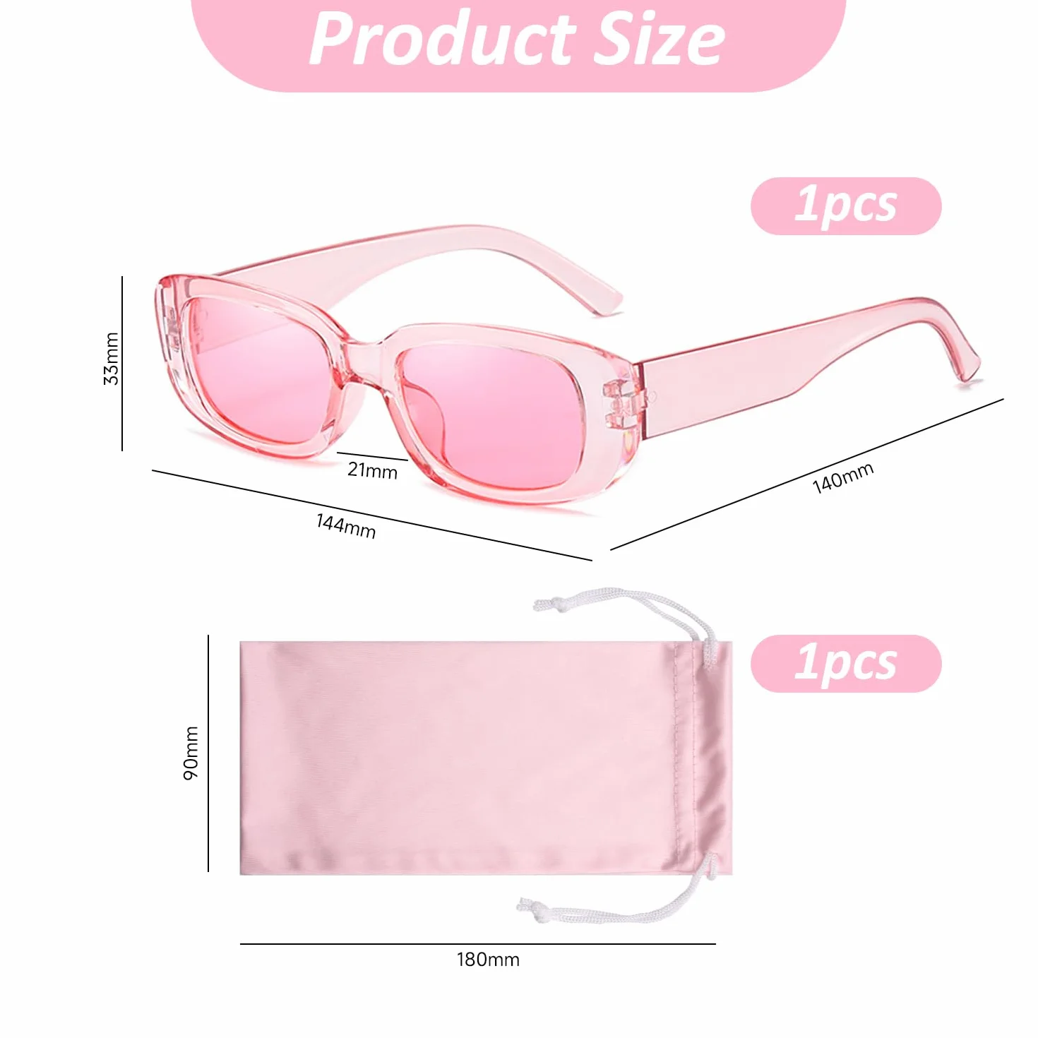 1 różowe okulary i 1 torba na okulary, modne okulary przeciwsłoneczne, prostokątne okulary przeciwsłoneczne, okulary przeciwsłoneczne retro, akcesoria odzieżowe, Różowy, M