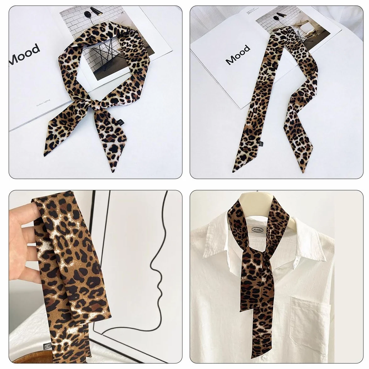 Cerioll Damski szalik skinny scarf, modna opaska na czoło, chusta na szyję, damski szal z lampartem, wąski jedwabny szalik, satynowa wstążka, jedwabna chusta krawat, ozdoba głowy, szal do włosów