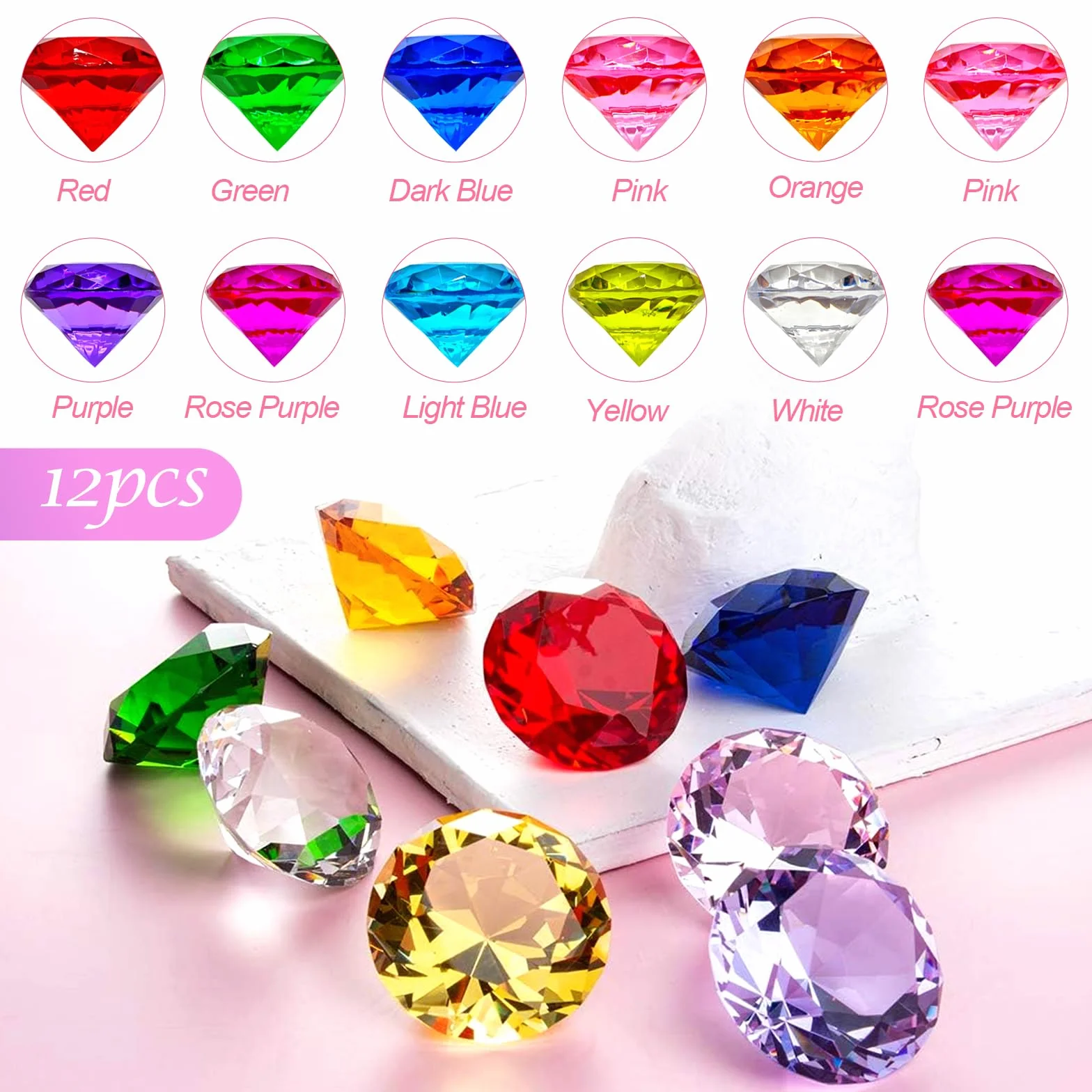Akrylowe diamenty, 12 sztuk kamieni szlachetnych dla dzieci w pudełku prezentowym, akrylowe diamenty dekoracyjne, kryształki diamentowe, przezroczyste kamienie szlachetne do rzemiosła, na imprezę, do
