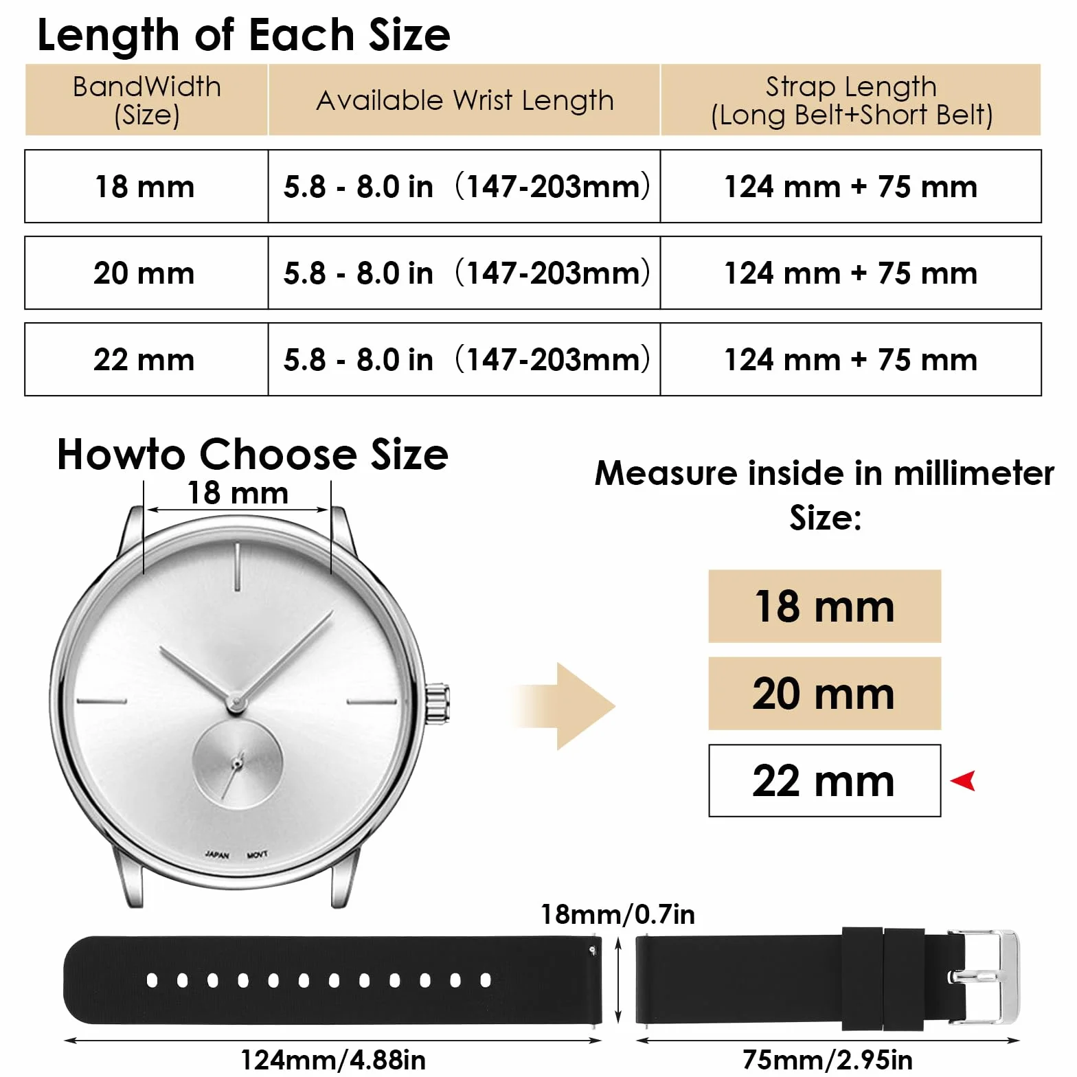 2 szt., silikonowy pasek do zegarka, 22 mm (20 mm) (18 mm), miękkie paski zastępcze, gumowy pasek do szybkiego odpinania, z czarną i srebrną klamrą ze stali nierdzewnej
