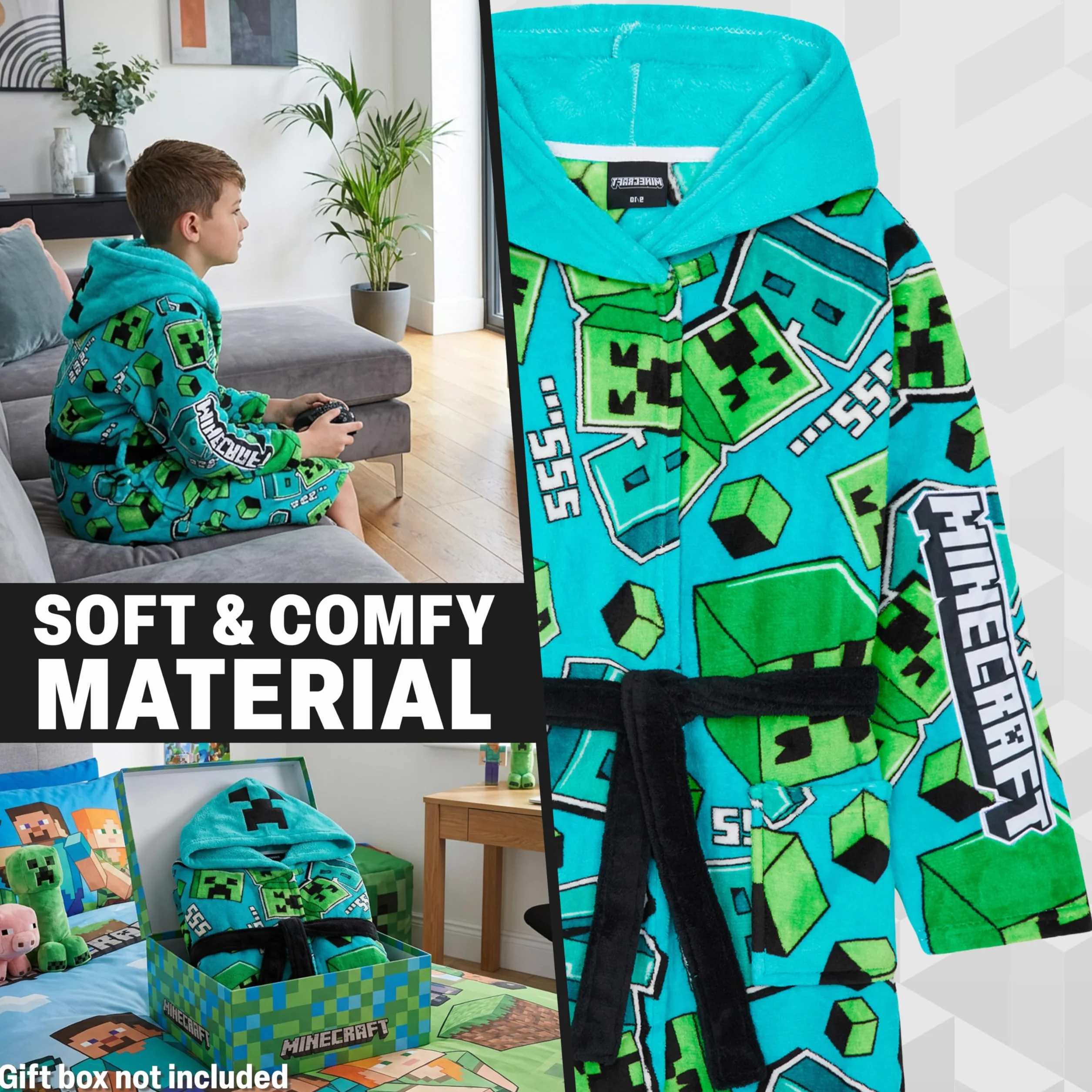 Get Trend Minecraft szlafrok dla chłopców, nastolatków, szlafrok z kapturem, szlafrok, Creeper, odzież domowa, przytulne szlafroki, prezenty dla graczy dla chłopców