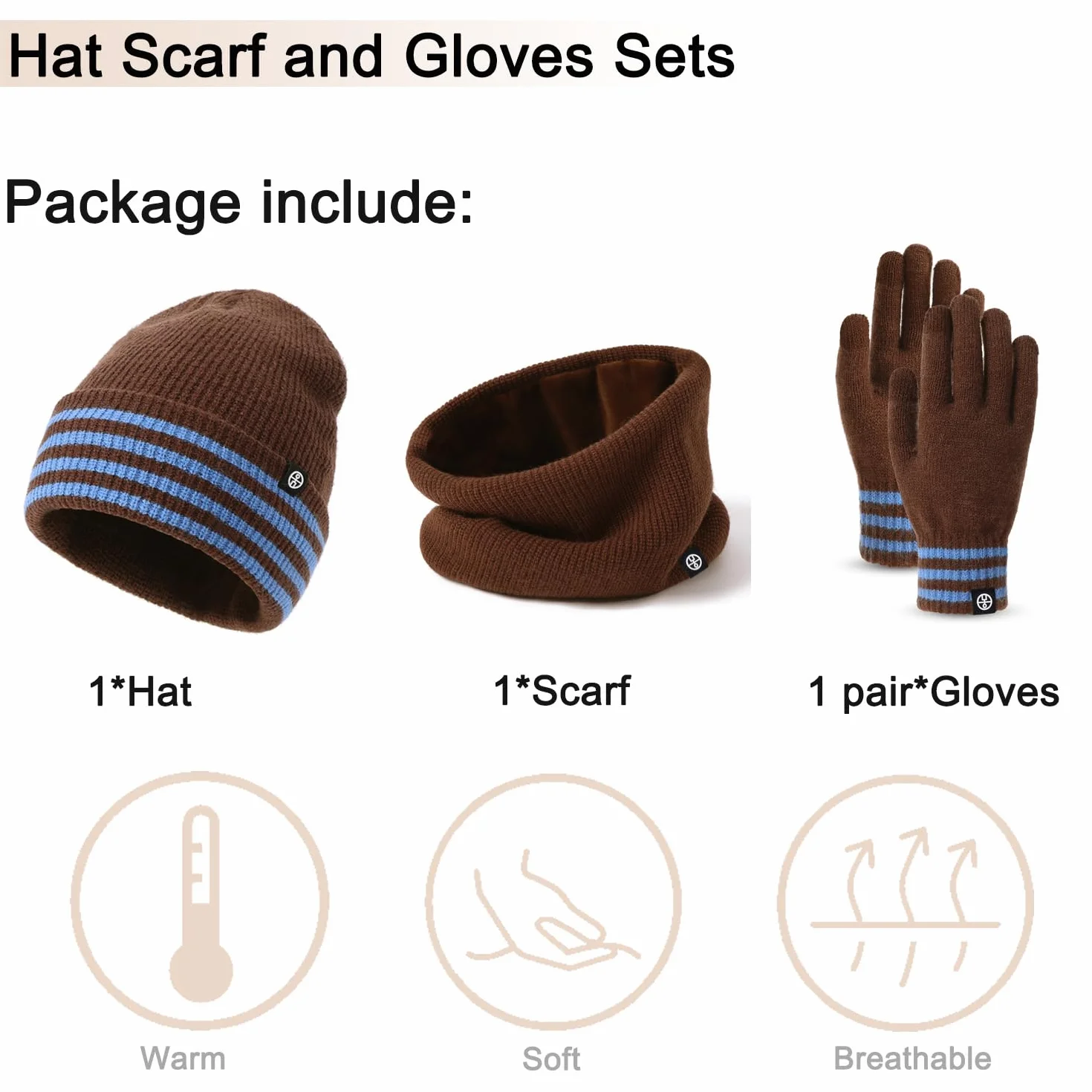 Baynetin Zestaw zimowy 3 w 1 beanie, czapka, szalik, termiczna czapka z dzianiny z krawędzią kopertową + szal polarowy i rękawiczki do obsługi ekranów dotykowych, rozciągliwy, wiatroszczelny zestaw na