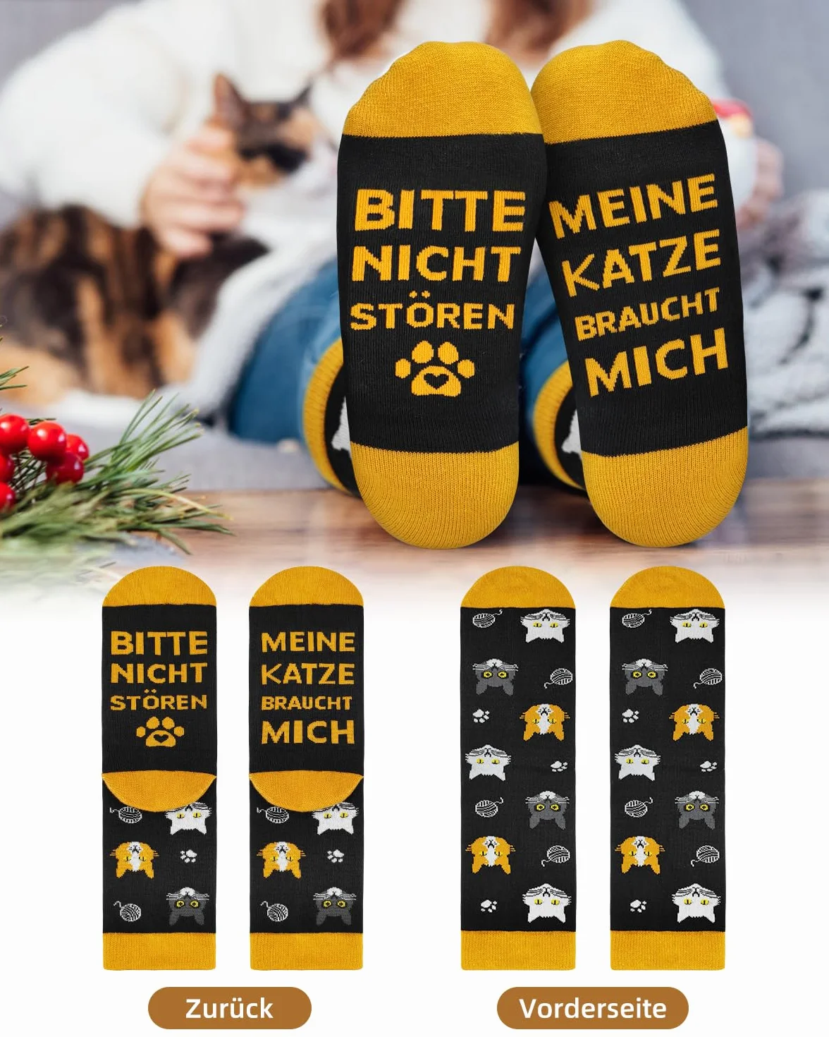 Skarpety z zabawnym motywem kota, zabawne skarpety z napisem "Bitte nicht Stören - Meine Katze braucht Mich", pomysł na prezent urodzinowy dla miłośników kotów kobiet i mężczyzn