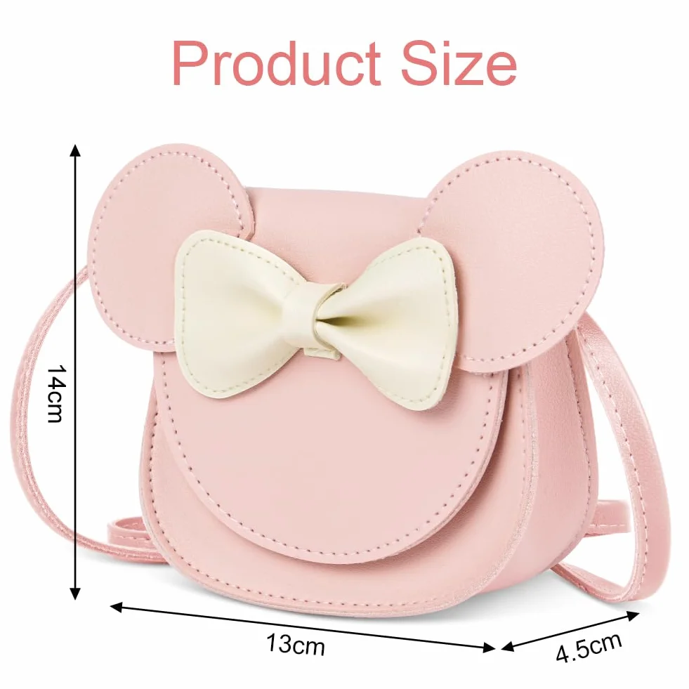 Ainiv Dziewczęca torebka typu crossbody z kokardą, mała torebka na ramię z kokardą w kształcie uszu myszy, torebka typu crossbody z poliuretanu z regulowanym paskiem dla dziewczynek, dzieci - różowa
