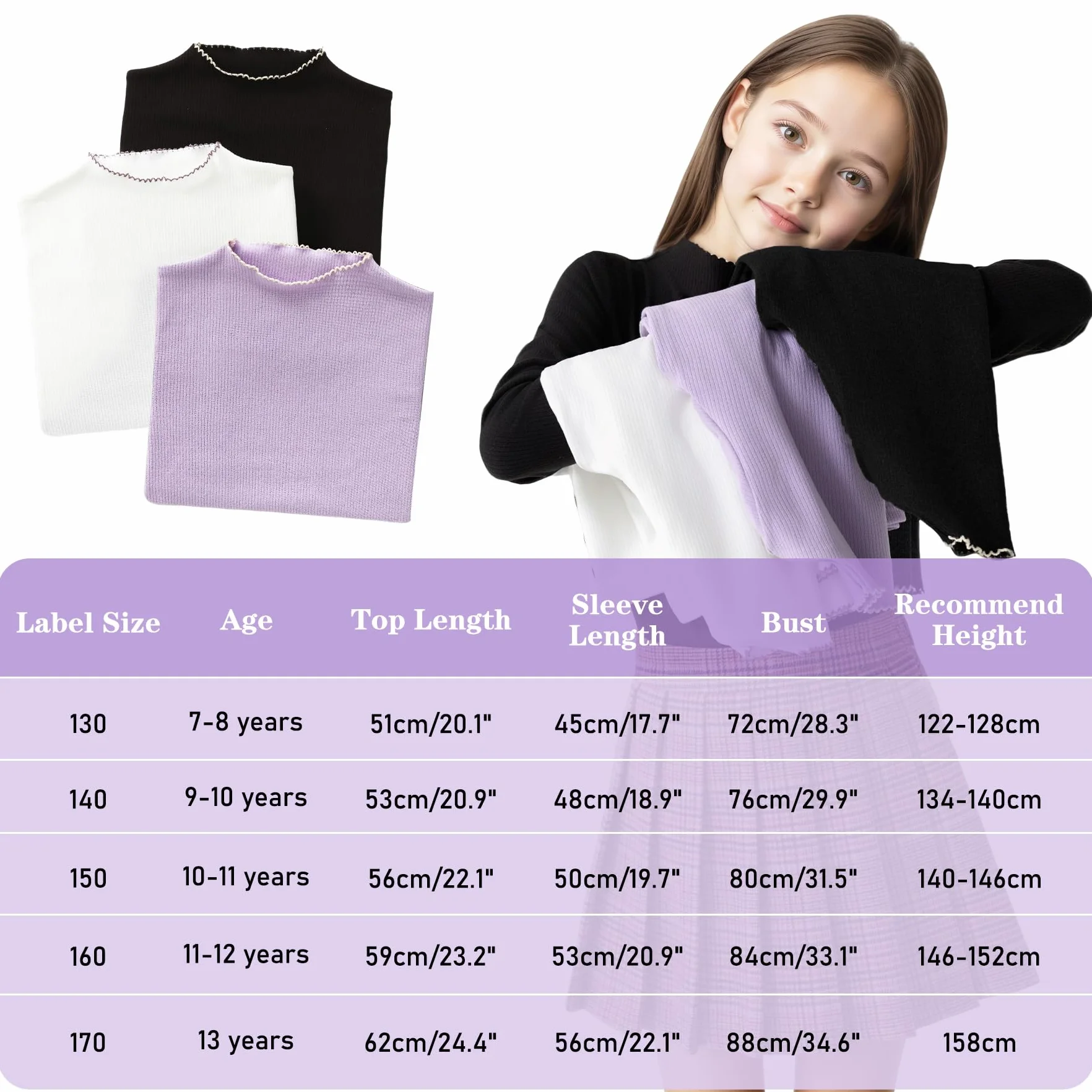 Dziewczęca koszulka termiczna, długi rękaw, ciepła koszulka bazowa, półokrągły dekolt z falbanką slim fit, miękki, swobodny sweter szkolny dla dziewczynek w wieku 7-13 lat