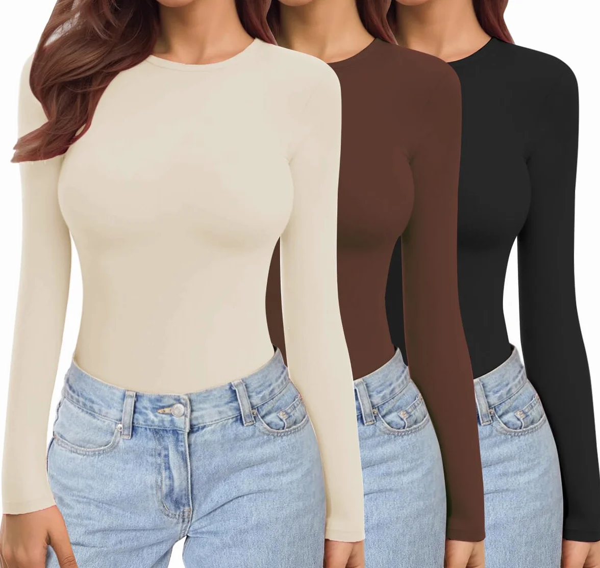 Ekouaer Damskie 3-pak Topy Z Długim Rękawem Okrągły Dekolt Koszulki Termiczne Zestaw Rozciągliwych Dopasowanych Underscrubs Layer Tee XS-XXL