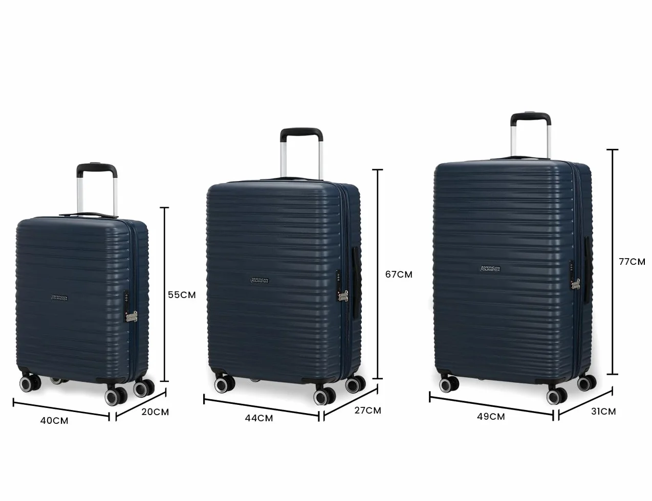 American Tourister Aerotech - 3-częściowy zestaw bagażowy z twardą skorupą (do przenoszenia, średni, duży) rozszerzalny zestaw wózków z zamkiem TSA - niebieski (metaliczny granat)