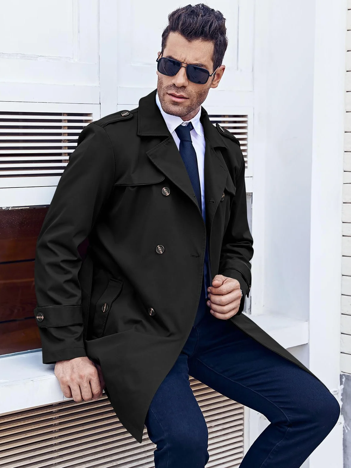 Runcati Męski trencz, slim fit, dwurzędowy, średniej długości, klasyczny biznesowy, casualowy, jesienny, wiatroszczelny płaszcz