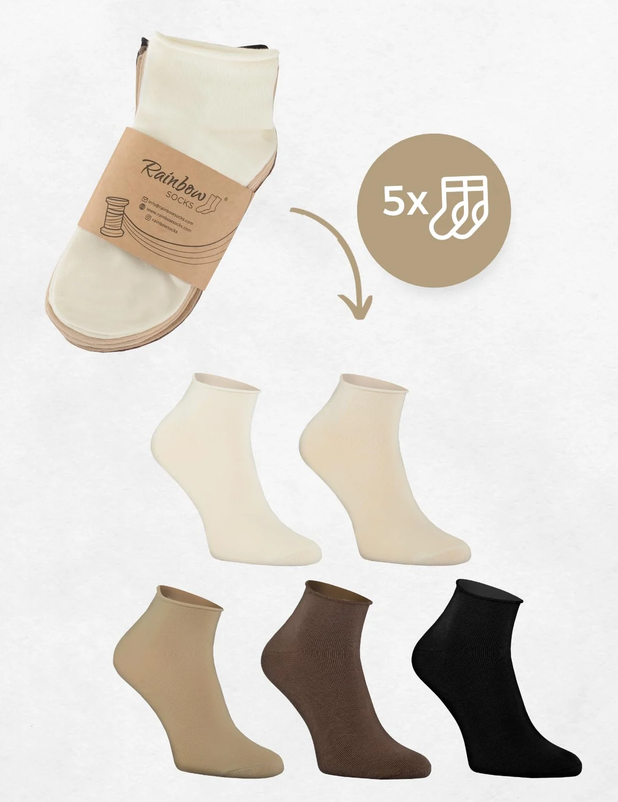 Rainbow Socks - Damskie bawełniane wygodne skarpety do kostek - beżowe, niebieskie, miętowe skarpety - 3 lub 5 par, 5 x beżowy, 42-43 EU