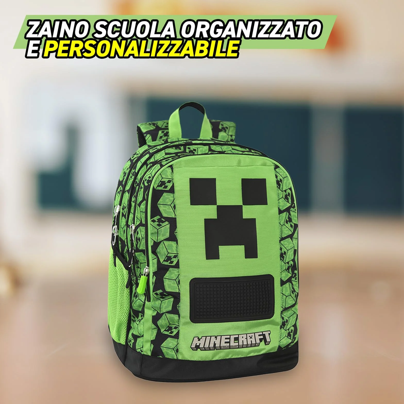 MINECRAFT Oficjalny plecak szkolny Minecraft z 2 dużymi przestrzeniami środkowymi, wyprofilowaną kieszenią przednią, bocznymi kieszeniami z siatki, regulowanymi wyściełanymi paskami na ramię
