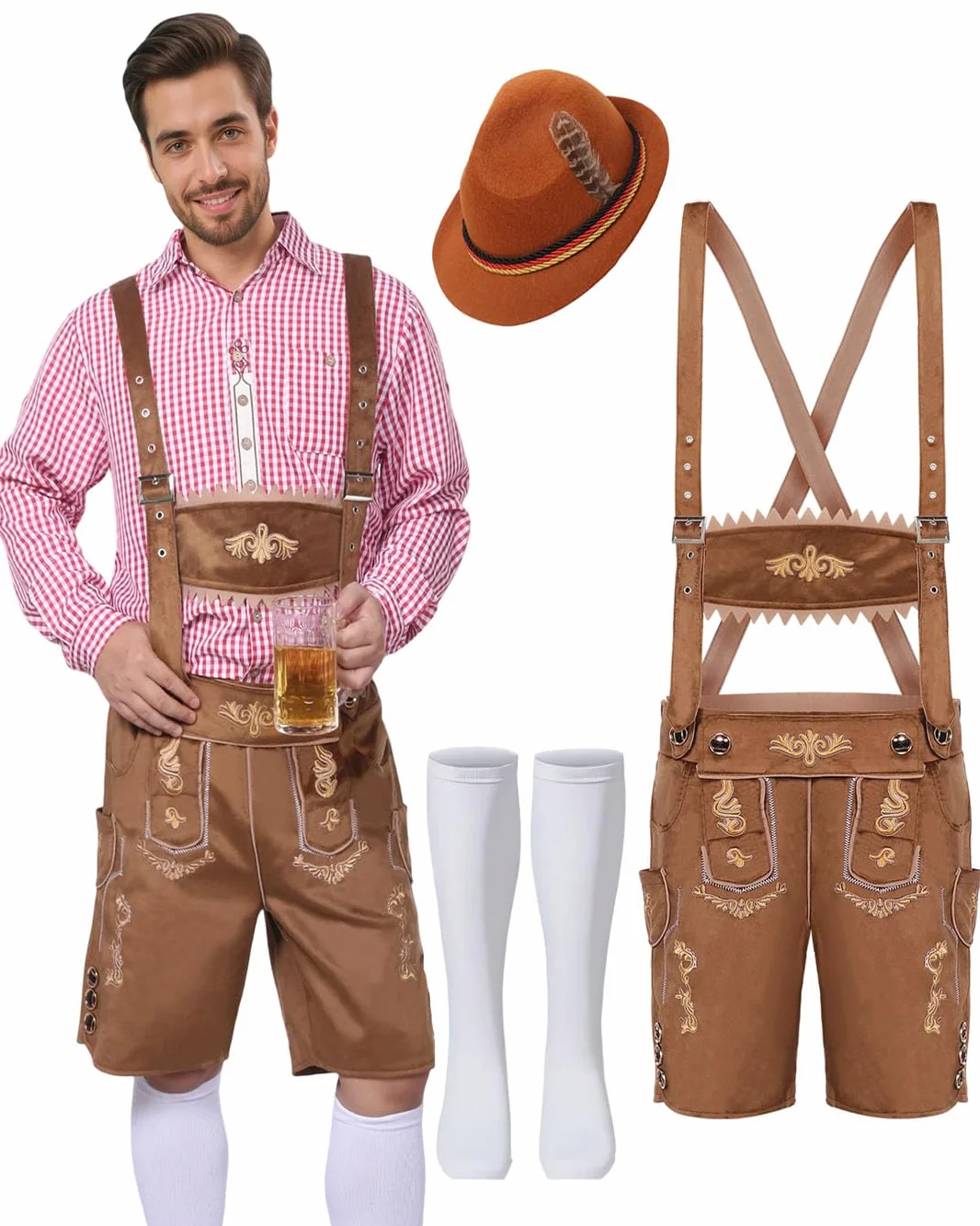 Strój męski na Oktoberfest, bawarski tradycyjny strój męski na Oktoberfest z tradycyjnymi skórzanymi spodniami, kapeluszem i skarpetkami na karnawałową imprezę cosplay (Brązowy, L)