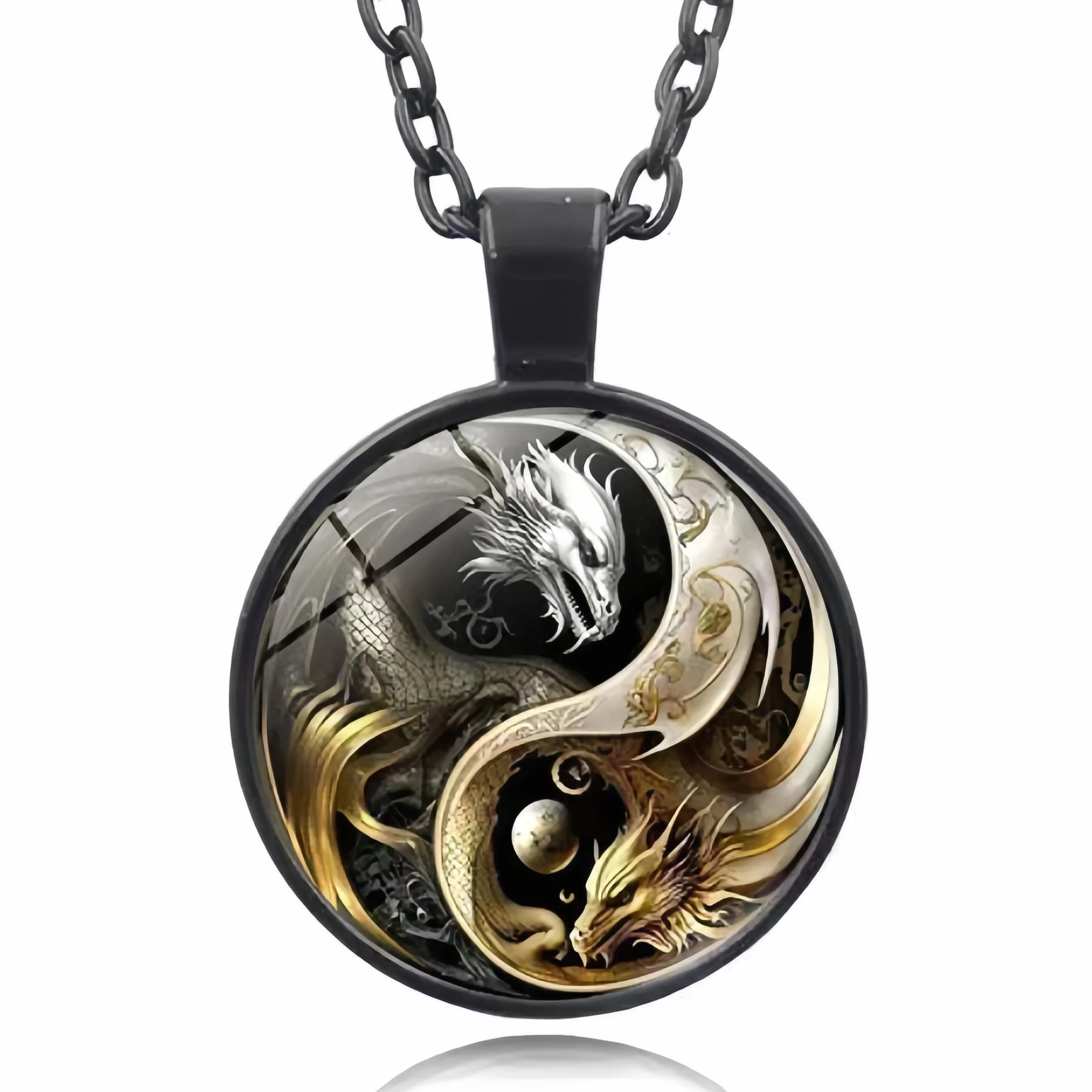 S925 Czysty srebrny naszyjnik Yin Yang z czarnym stalowym łańcuszkiem - starożytna biżuteria wisząca, naszyjnik dla mężczyzn kobiet, naszyjniki Yin i Yang Tai Chi, Feng shui Ying Yang