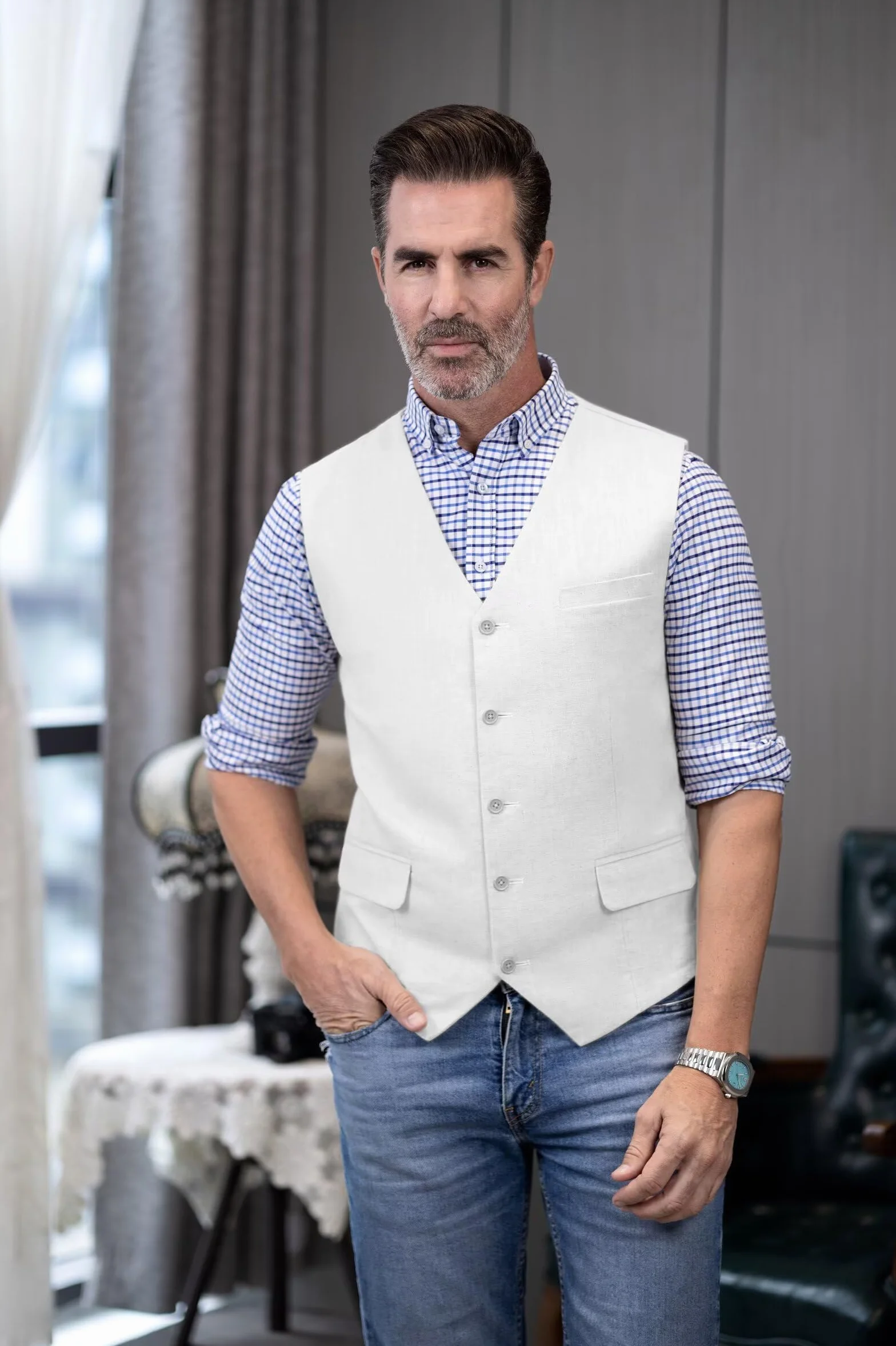 Solovedress Męska elegancka kamizelka do garnituru, na lato, lniana kamizelka na wesele i imprezę