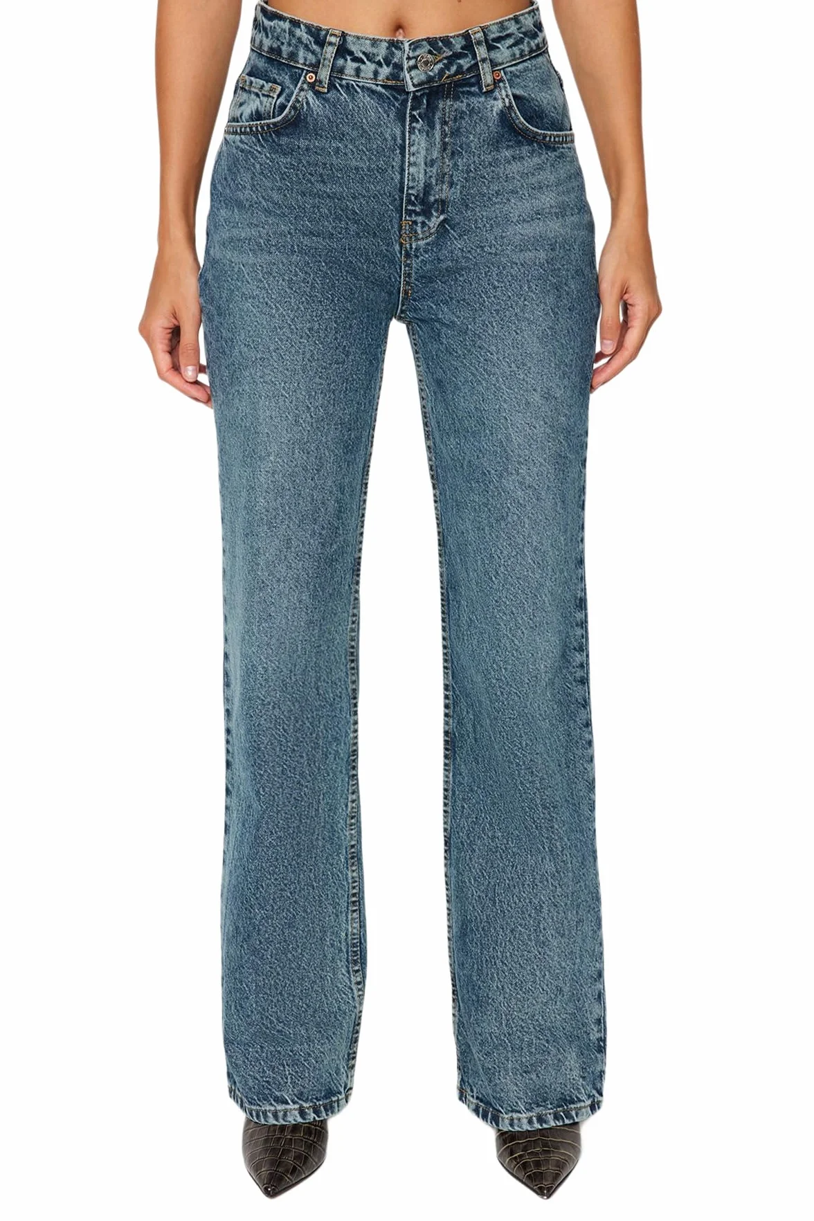 Trendyol Blue Pale Effect Vintage High Waisted Wide Leg Jeans Twoaw24je00089 - Dżins Kobiety