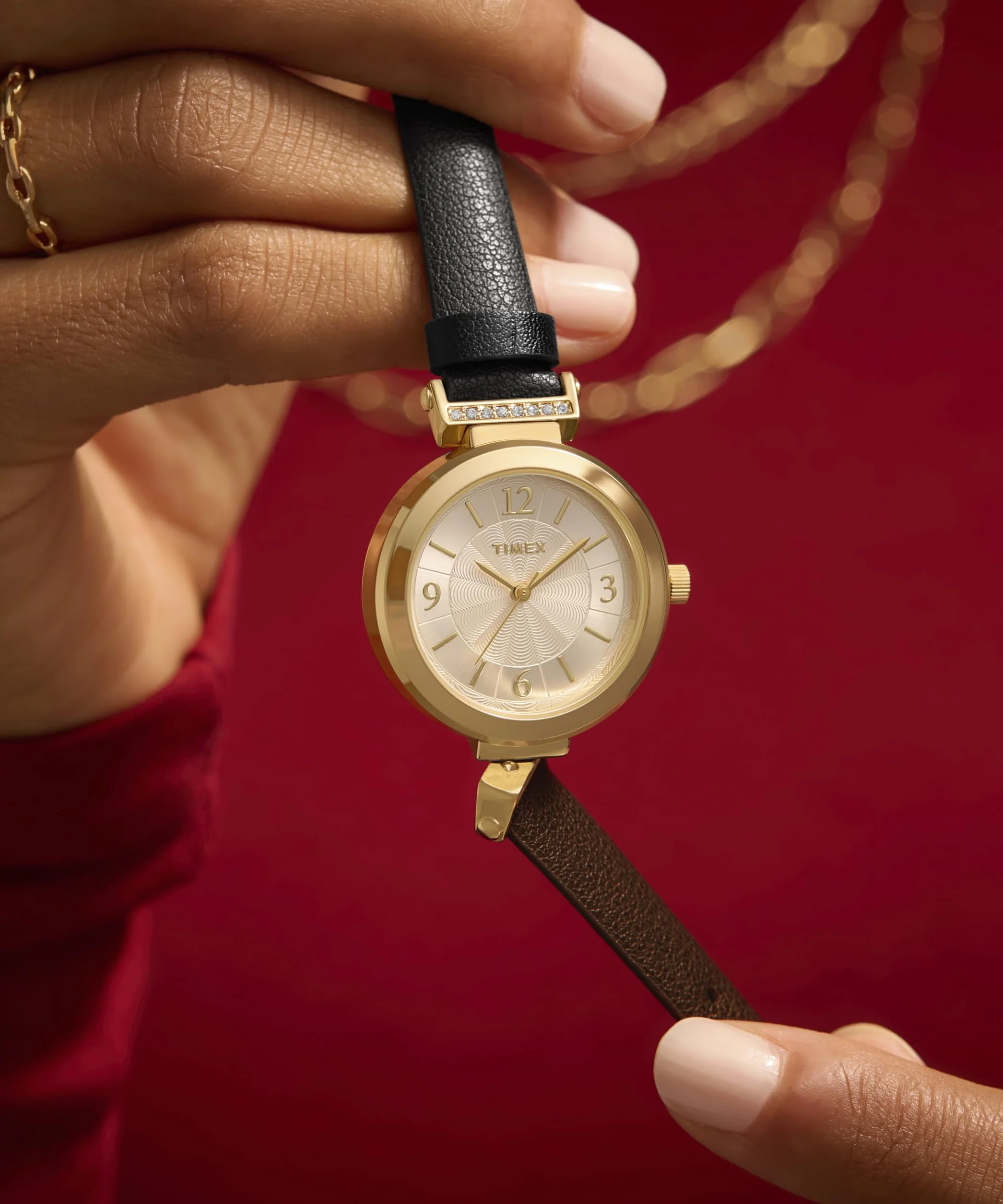 Timex Zegarek Damski Main Street 31 mm, Czarny Skórzany Pasek, Srebrna Tarcza, Złota Obudowa TW2W96400