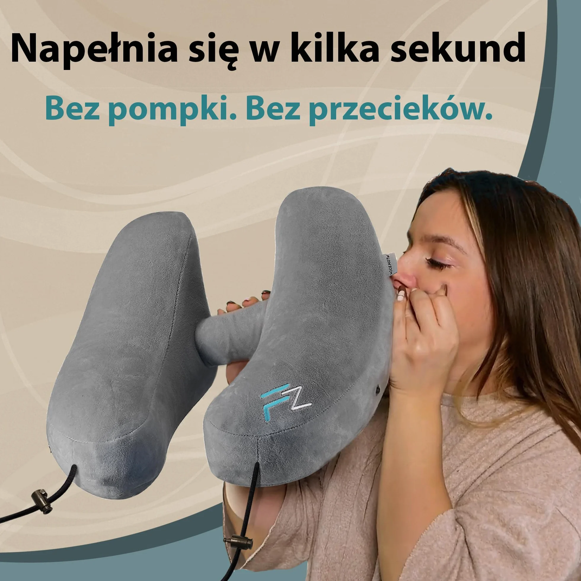 FLOWZOOM Air Dmuchana Poduszka Podróżna z Kapturem dla Kobiet - Do Samolotów, Pociągów i Samochodów - Poduszka Zapewnia Wsparcie Szyi 360 ° - Szybkie Pompowanie - Szary Rozmiar L