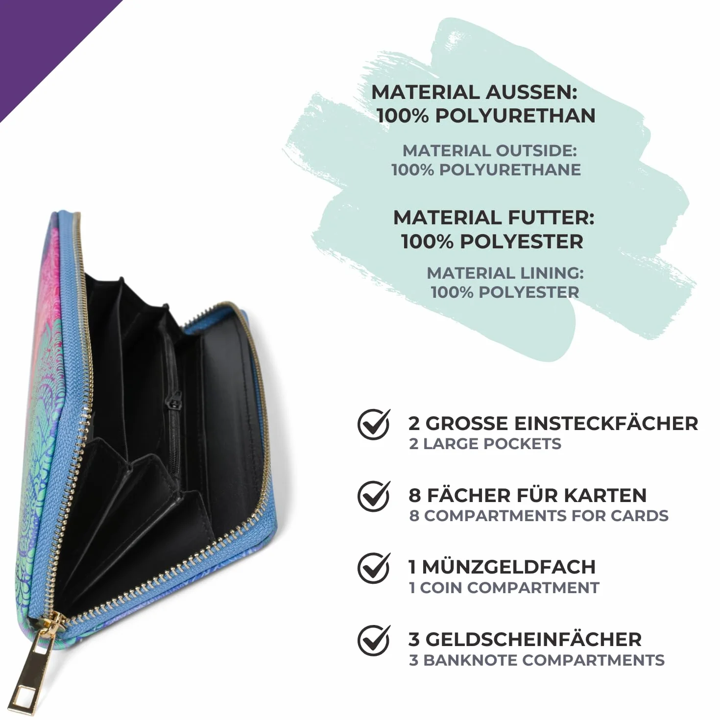 styleBREAKER 02040145 Portfel damski z motywem paisley, mandala z zamkiem błyskawicznym, Zielony/fioletowy/różowy, Einheitsgröße, Nowoczesny