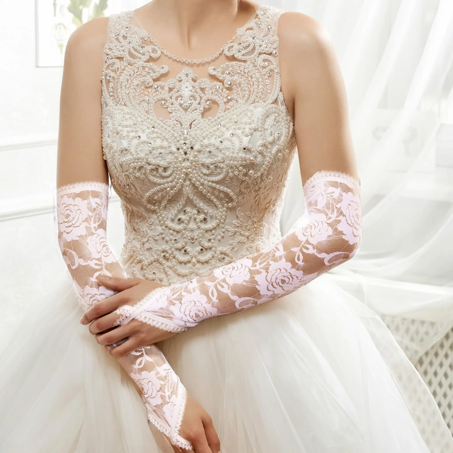 Koronkowe rękawiczki bez palców dla kobiet długość do łokcia eleganckie kwiatowe długie koronkowe rękawiczki do opery 20s ślub herbata przyjęcie cosplay