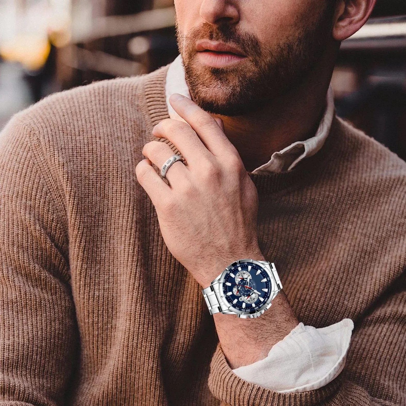 Generisch Biznesowy zegarek, zegarek chronografowy, męski, elegancki, mechaniczny, stylowy, klasyczny pasek na rękę, codzienny dodatek dla profesjonalistów, nauczycieli, pracowników, formalnego attire