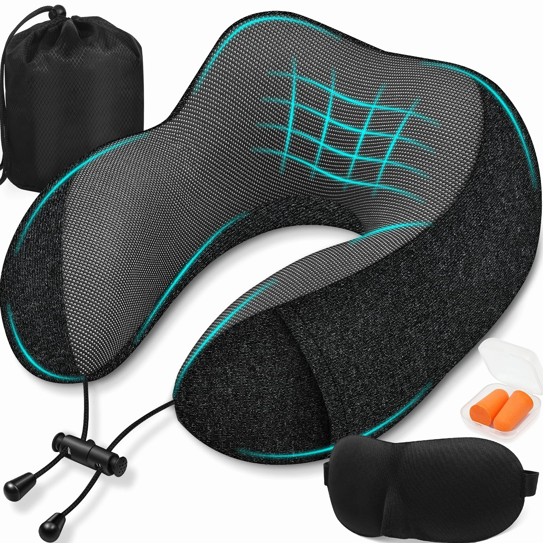 Poduszka pod kark do samolotu - poduszka podróżna 100% z pianki Memory Foam - przenośna poduszka lotnicza - z 3D maską do spania i zatyczkami do uszu - Idealna na fotel samolotowy, samochód, do