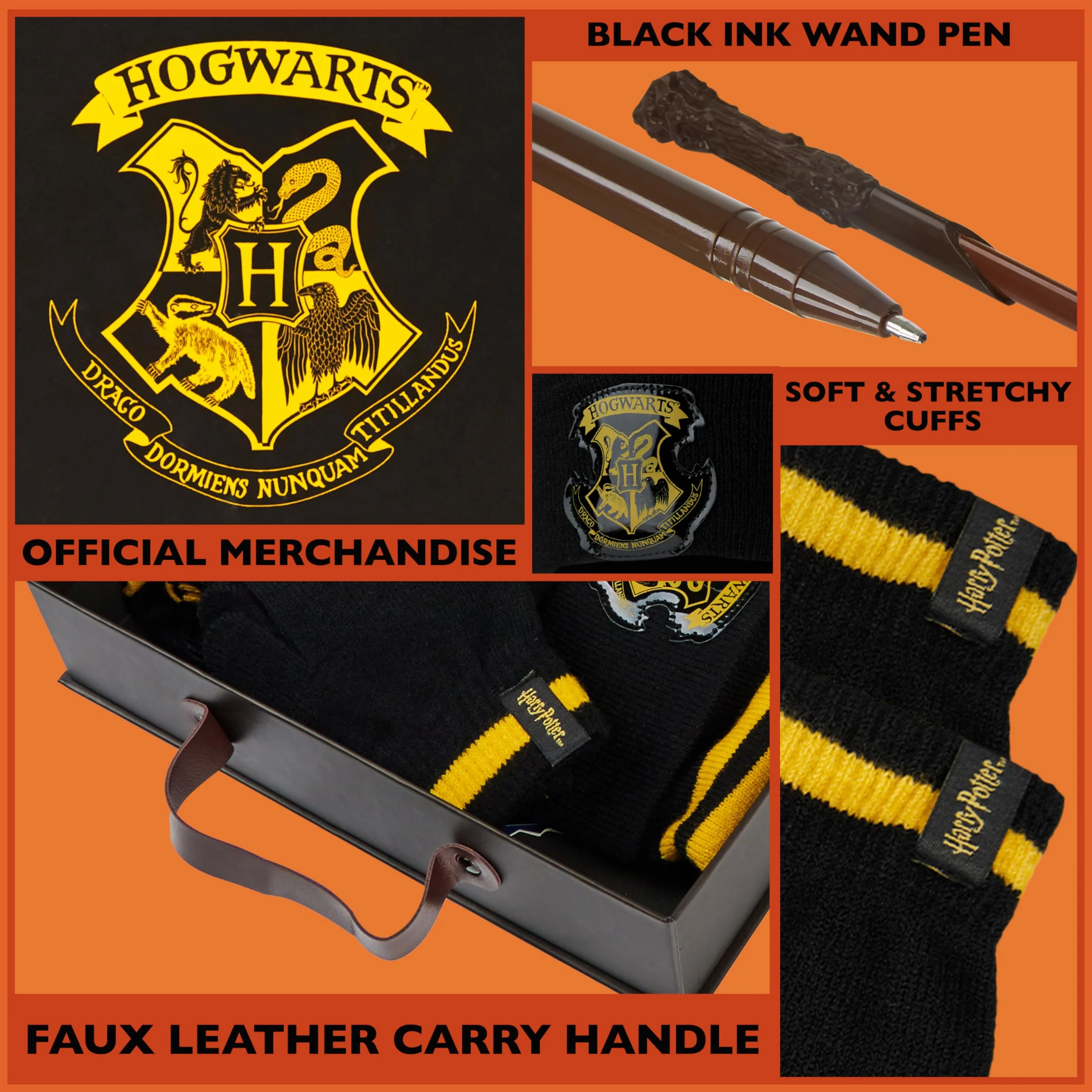 Harry Potter Zestaw zimowy 4 szt. - szalik, czapka beanie, rękawiczki, różdżka dla dzieci - akcesoria do Hogwartu, kostiumy, prezenty dla dzieci