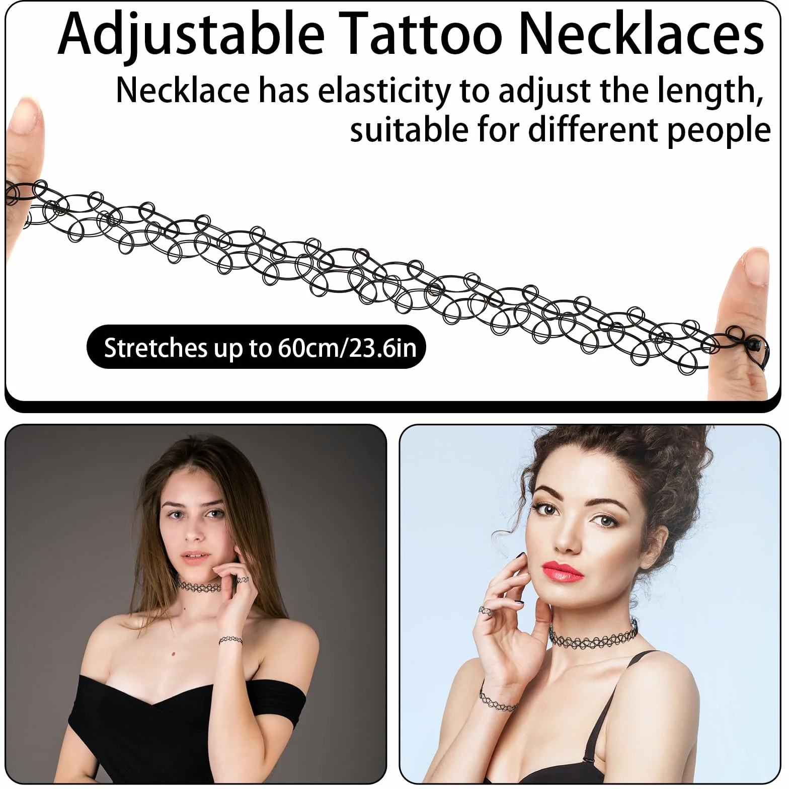 Andibro 12 sztuk zestaw rozciągliwych naszyjników, 4 zestawy rozciągliwe naszyjniki choker z tatuażem, bransoletki, pierścionki damskie, vintage punk gothic, naszyjnik z tatuażem, gumowy, z lat 90