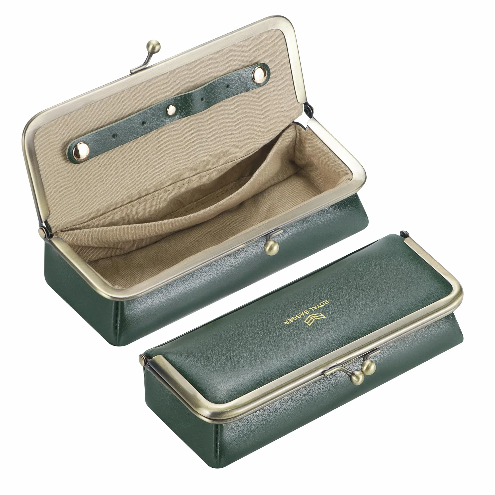 Royal Bagger Pudełko z prawdziwej skóry dla kobiet, etui na okulary retro - blokowanie RFID, organizer i torebka na monety Kiss Lock 3135 (Zielony)
