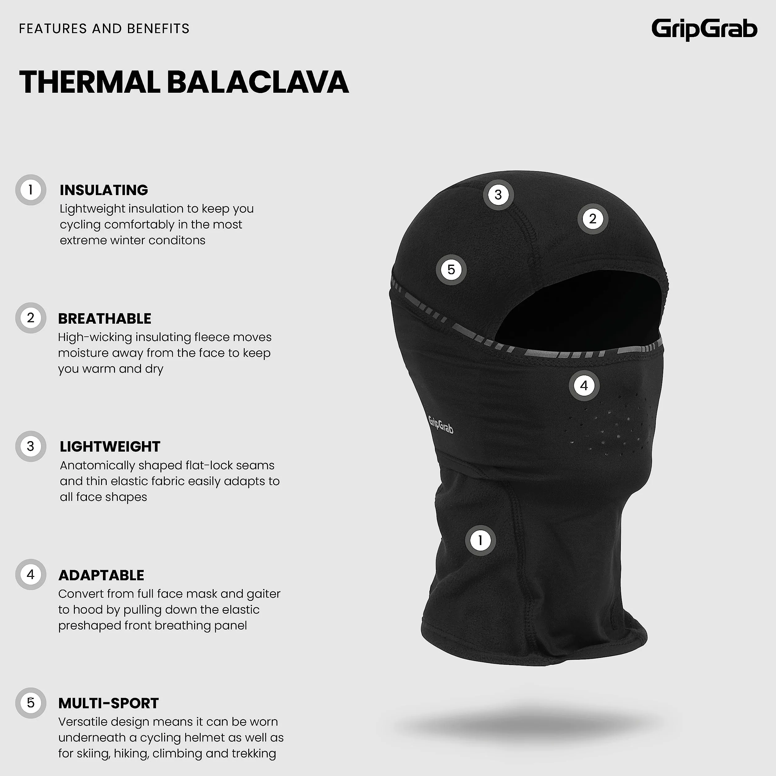 GripGrab Kominiarka rowerowa, zimowa, termiczna, polarowa, maska na twarz, miękka, ciepła