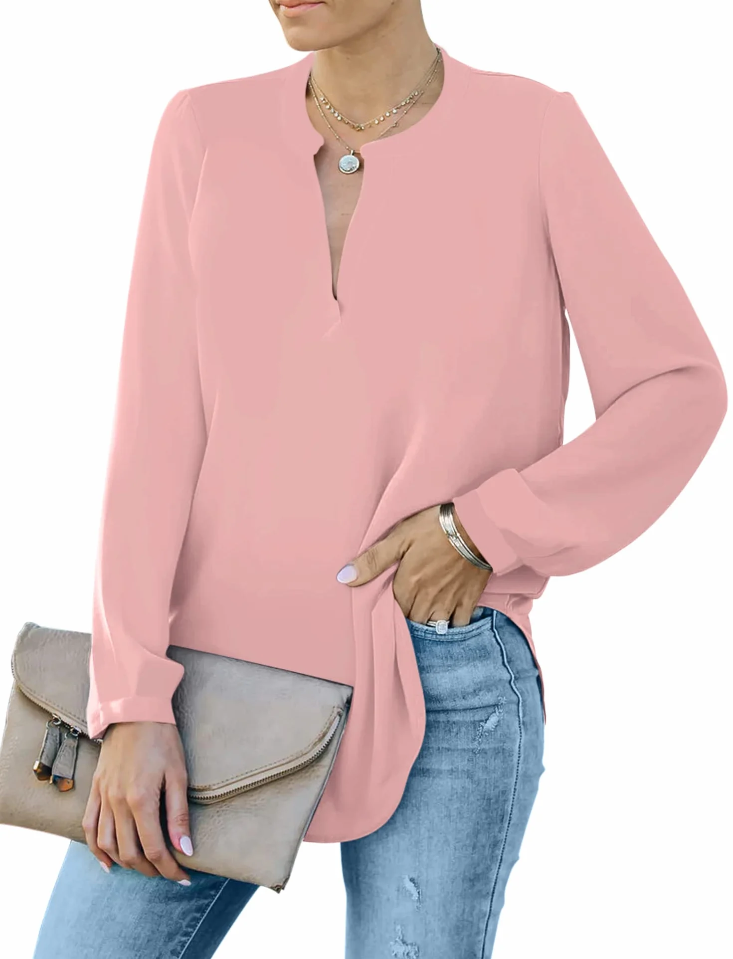 Elegancka bluzka damska z dekoltem w kształcie litery V, z długim rękawem, do pracy, na co dzień, tunika, Henley, koszulka z długim rękawem, jednokolorowa, luźna bluzka