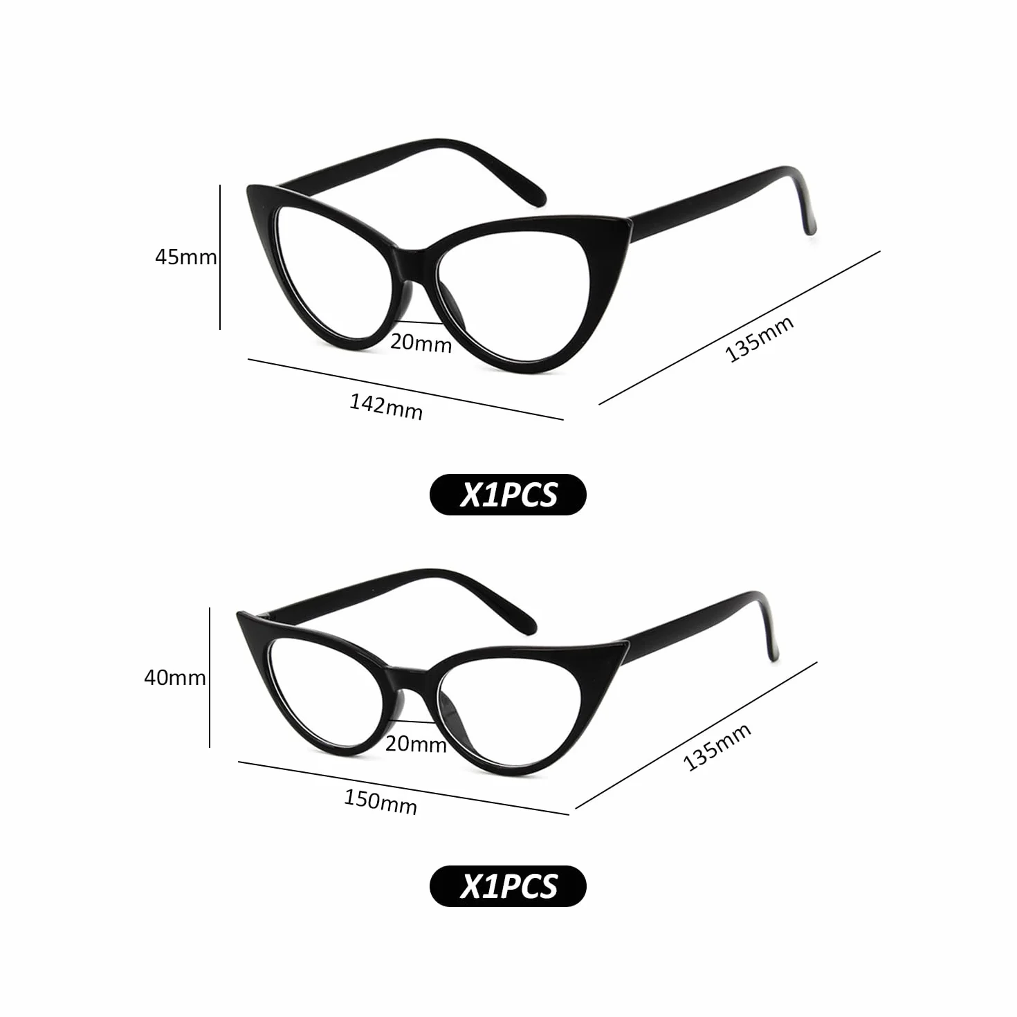 1 x duże okulary z kocim okiem, spersonalizowane damskie lusterko na imprezę, okulary karnawałowe retro, czarny