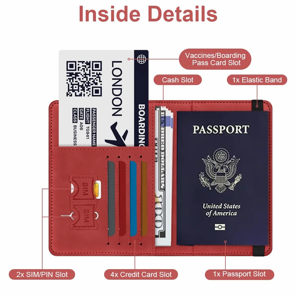 Etui na paszport, etui na paszport z blokadą RFID, etui na paszport dla mężczyzn i kobiet etui na paszport podróżny etui na dowód osobisty, etui na paszport, klasyczny (brązowy), Czerwony, 21.7