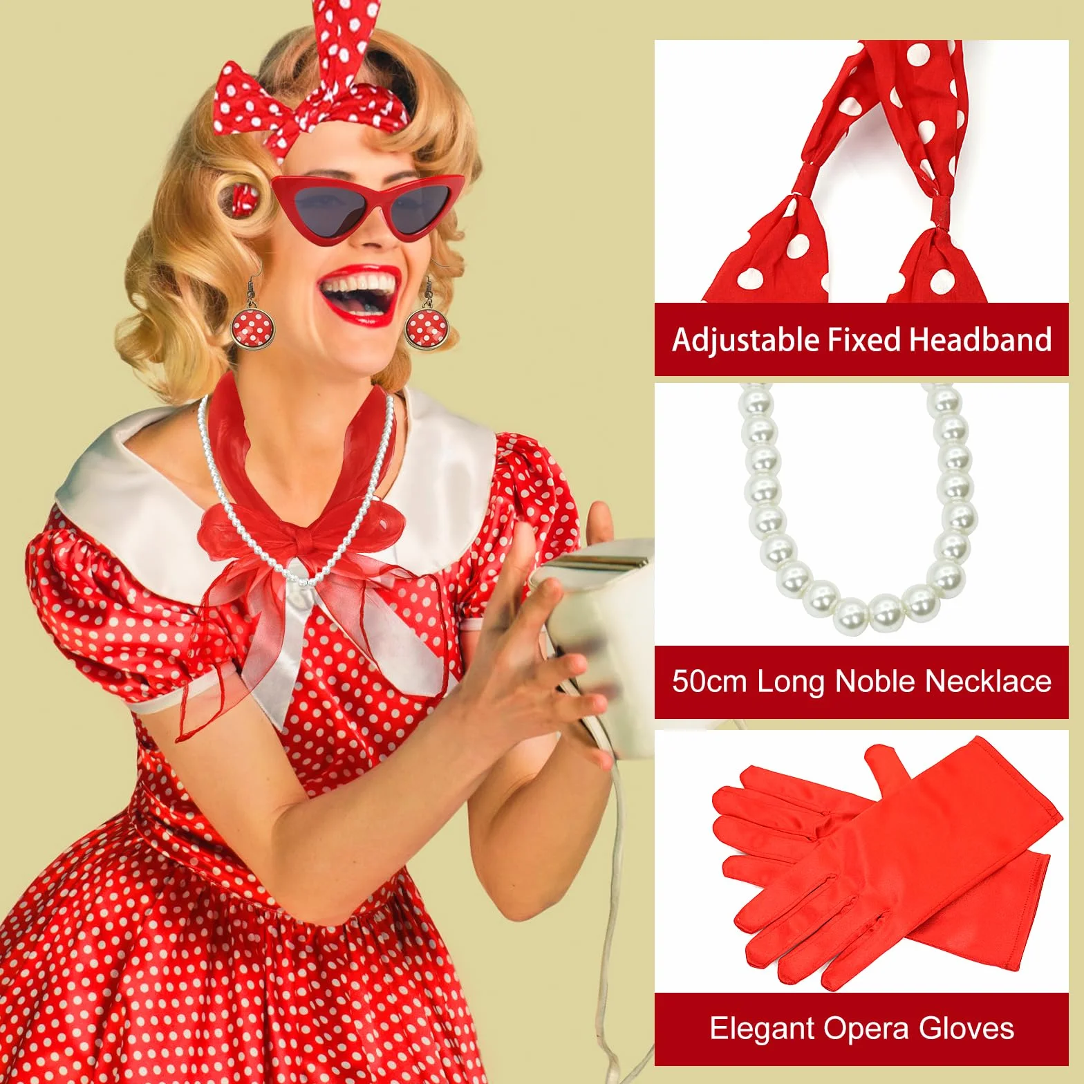 Akcesoria damskie w stylu lat 50., 8 sztuk, rockabilly, akcesoria damskie na karnawał, lata 50., zestaw kostiumowy z szyfonem, szalem, rękawiczkami, okularami, w kropki, bandana, kolczyki,