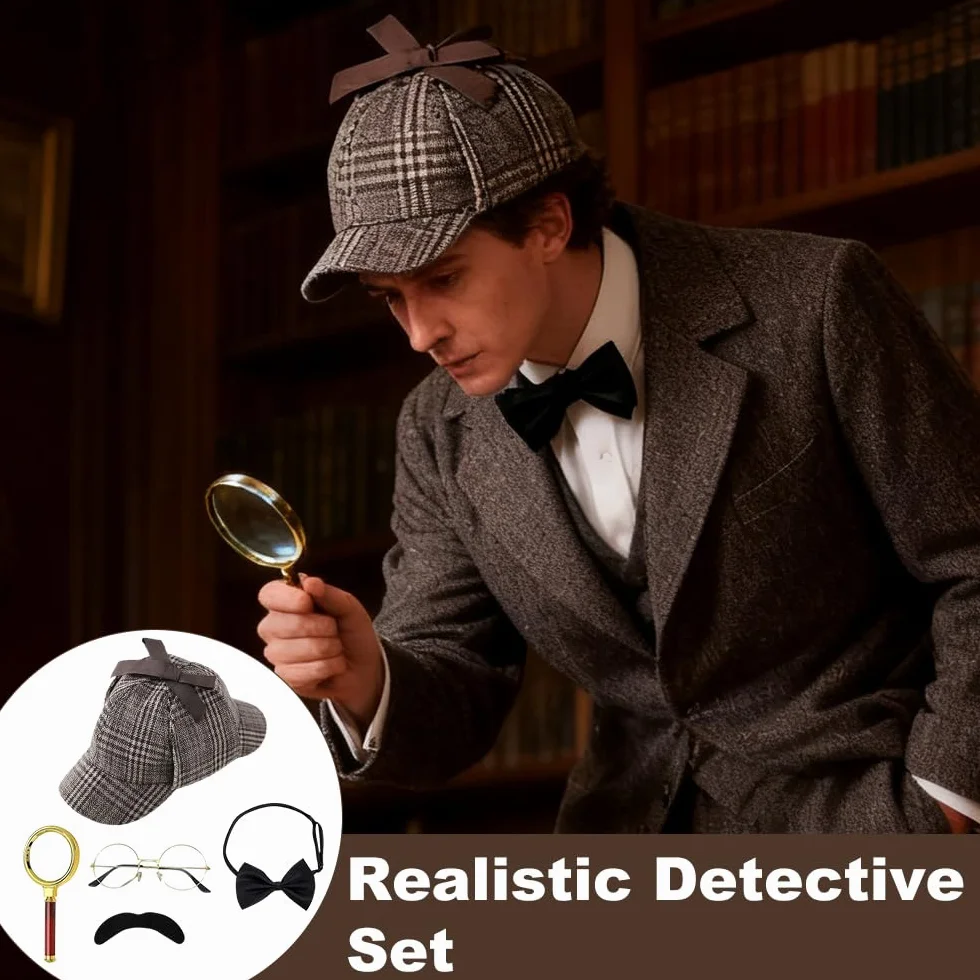 Zestaw akcesoriów do kostiumu detektywa, 5 sztuk, kostium Sherlocka Holmesa, rekwizyty do cosplay detektywa, z kapeluszem detektywistycznym, metalowymi okularami, lupą, muszką męską, brodą, dla