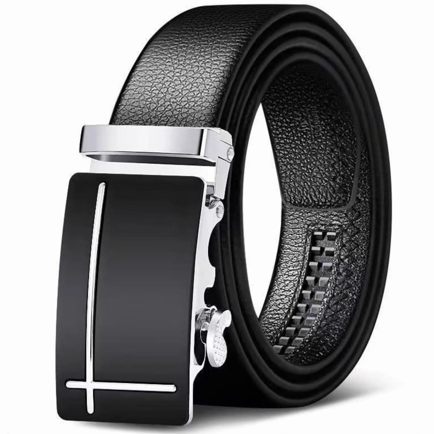 Tokaneit Pasek męski, męski pasek ze skóry zapadkowej Automatyczna klamra 35 mm, regulowane przycinanie do dopasowania, czarne, 120×3.5 cm