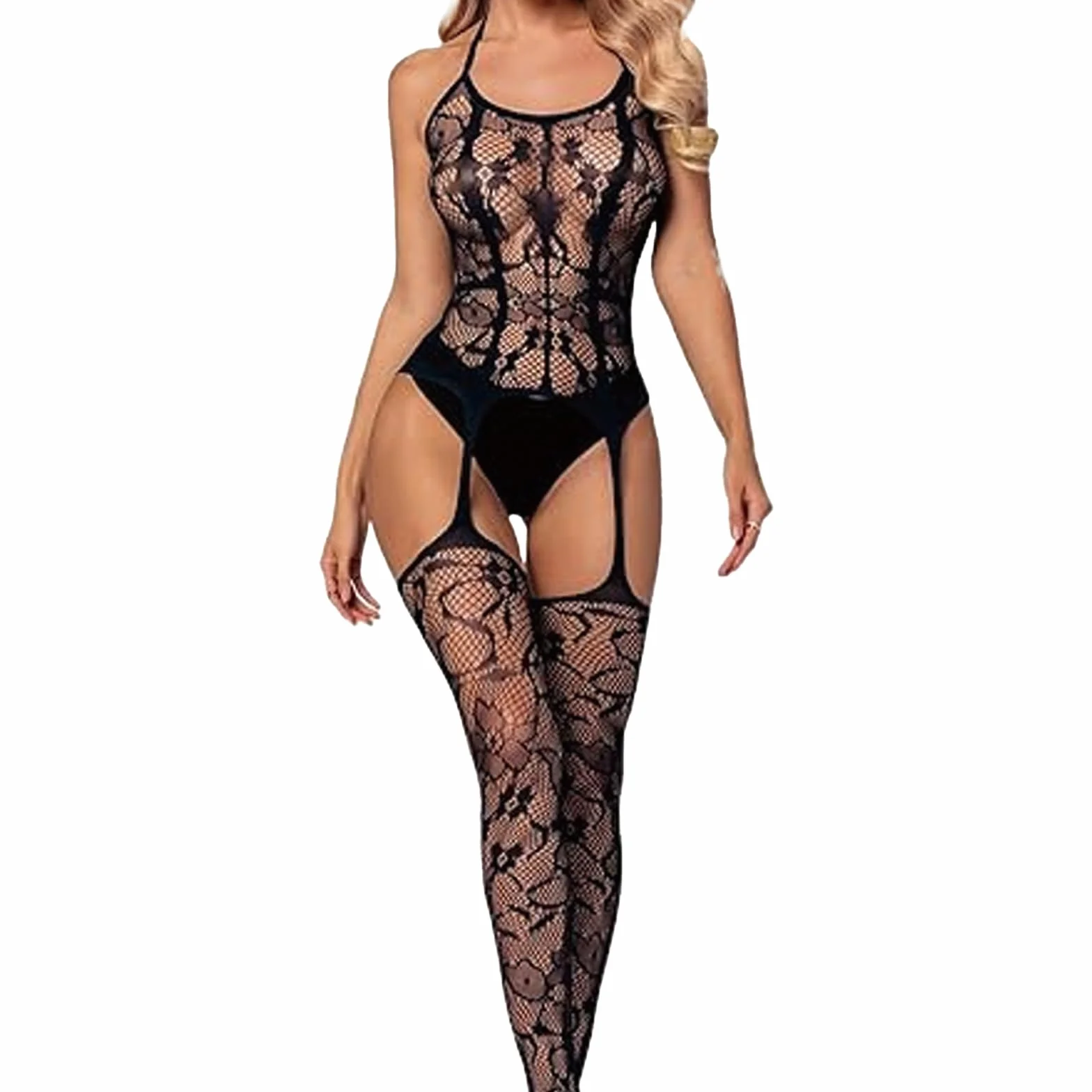 Erotyczna bielizna damska, czarna, damska sieć rybacka, bodystocking z otwartym krokiem, seksowna bielizna nocna, bielizna erotyczna, rajstopy, czarny, NO