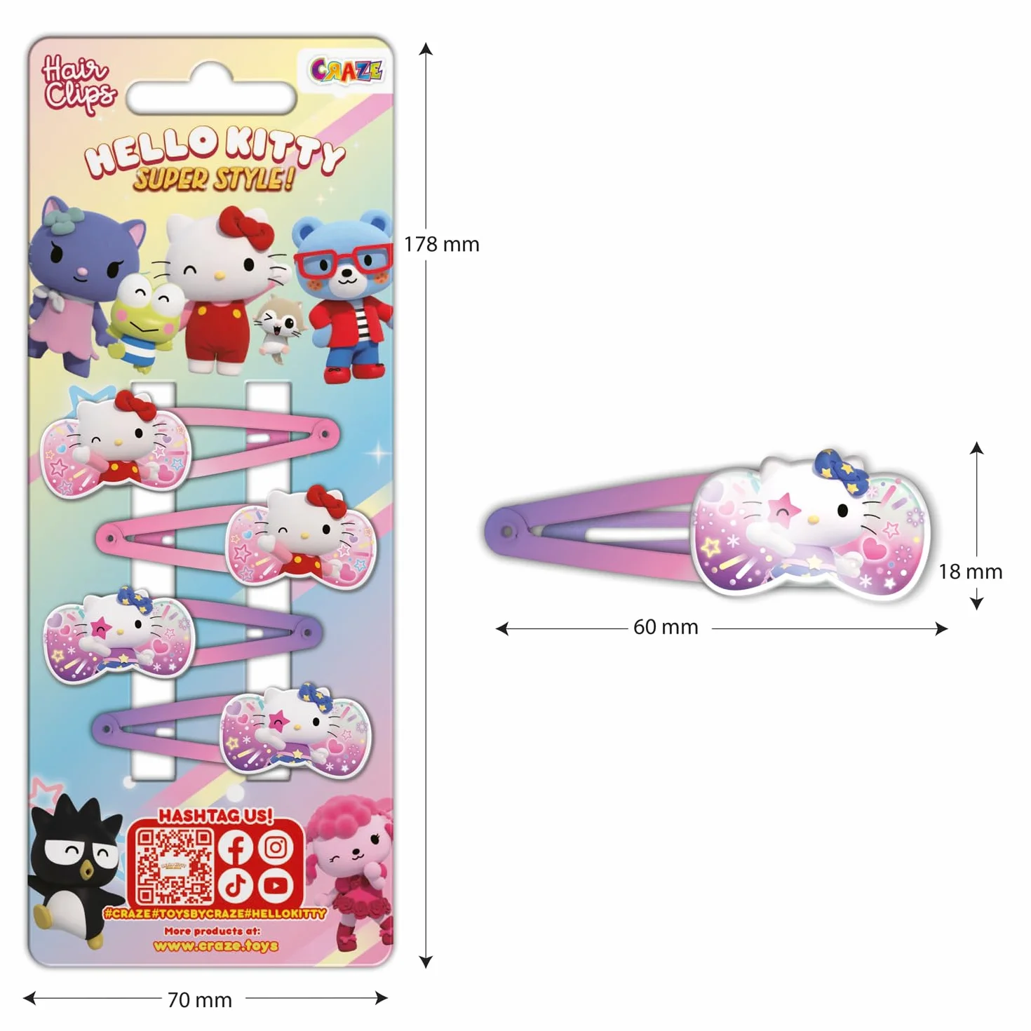 CRAZE Hello Kitty Hair Clip, 4 spinki do włosów dla dziewczynek Hello Kitty, Haczyki do włosów dla dziewczyn, 2 różne wzory (2 sztuki każdego), kolorowe klipsy