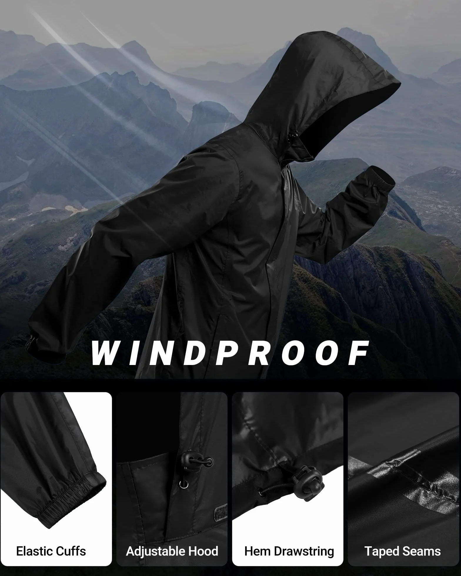 Outdoor Ventures Męska kurtka przeciwdeszczowa, wodoszczelna, ultralekka, cienka, składana kurtka przeciwdeszczowa, oddychająca kurtka rowerowa, sportowa