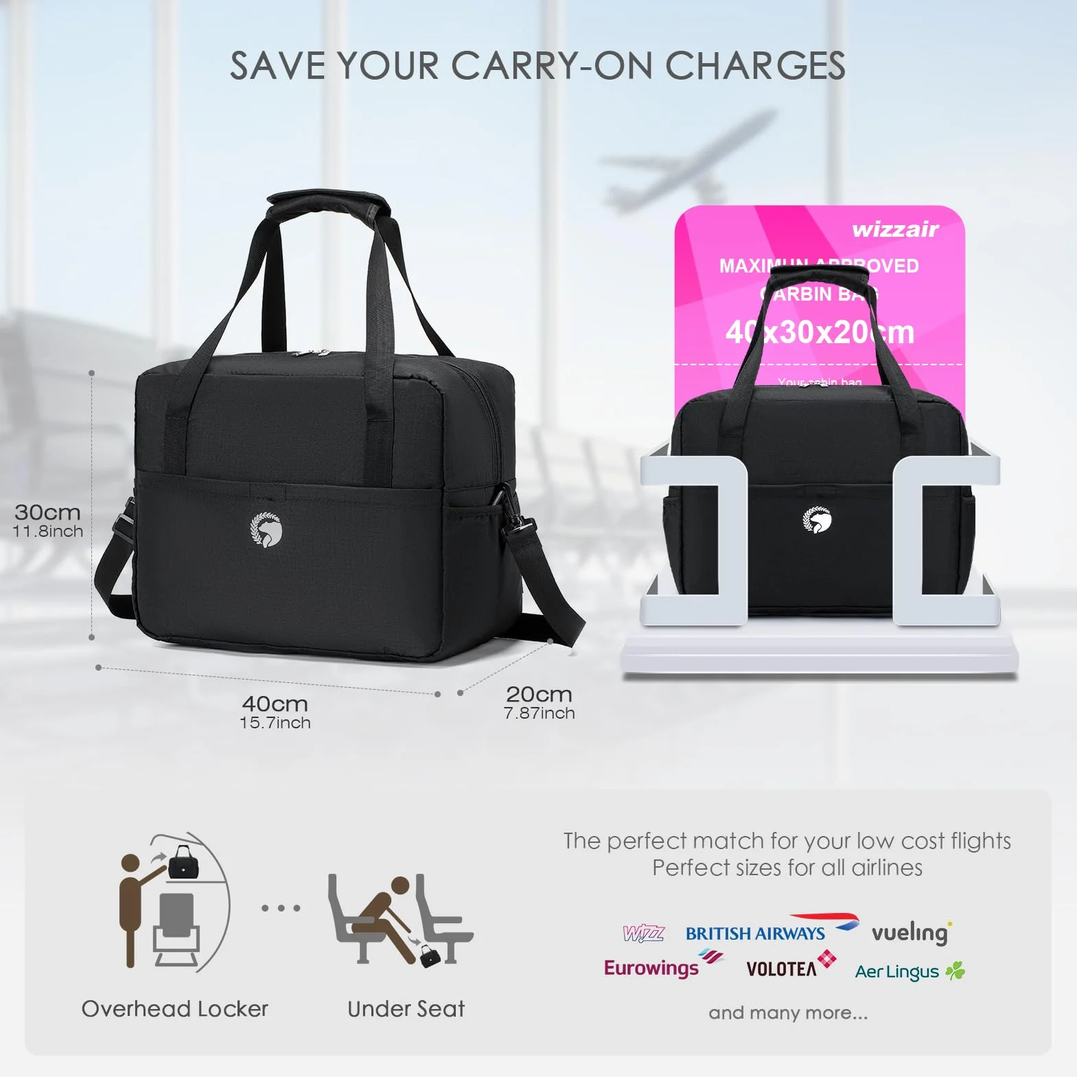 SPAHER 2X Torba Kabinowa 40x30x20 Wizzair Składana Torba Podróżna z Mokrymi Oddzielnymi Kieszeniami Wodoodporna Torba Kabinowa pod Siedzeniem Lekka Bagaż Podręczny dla Kobiet i Mężczyzn 25L