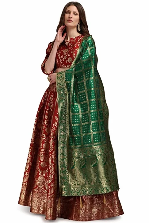 Damska sukienka żakardowa Lehenga Choli & Dupatta na wesele, dowolny rozmiar (Lehenga: częściowo szyta i bluzka: bez szycia)