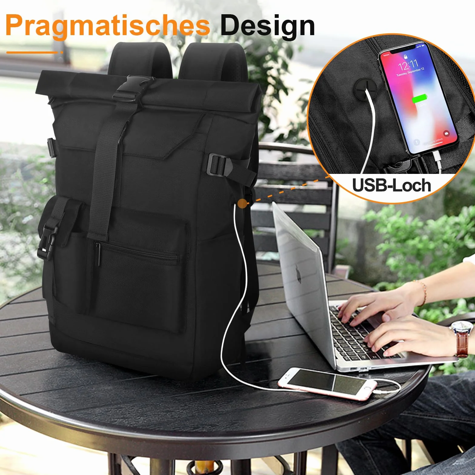 Rolltop plecak wodoszczelny, duży plecak dla mężczyzn i kobiet, Plecak zwijany z kieszenią na laptopa o przekątnej ekranu 17,3", plecak podróżny, plecak turystyczny, do pracy(Czarny) (czarny)