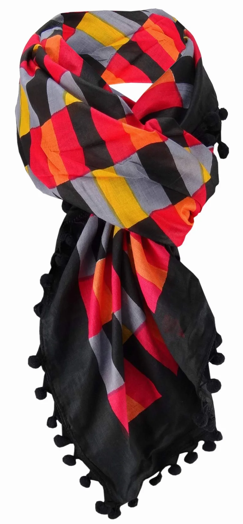 TigerTie Szal damski czerwony pomarańczowy żółto-pomarańczowy czarny z pomponami - rozmiar 100 x 100 cm - szale