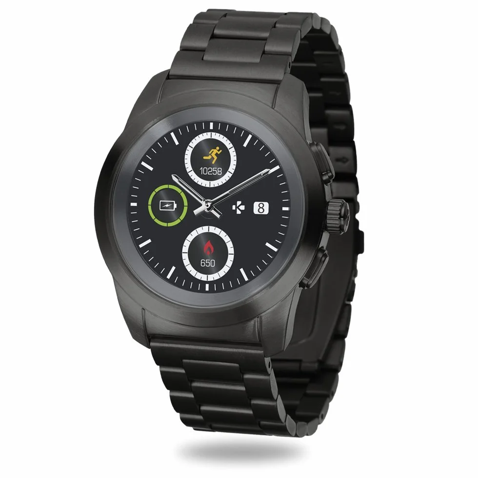 MyKronoz ZeTime Elite Hybrid Smartwatch 44 mm z mechanicznymi wskazówkami na kolorowym ekranie dotykowym – szczotkowany czarny/metalowy krawat