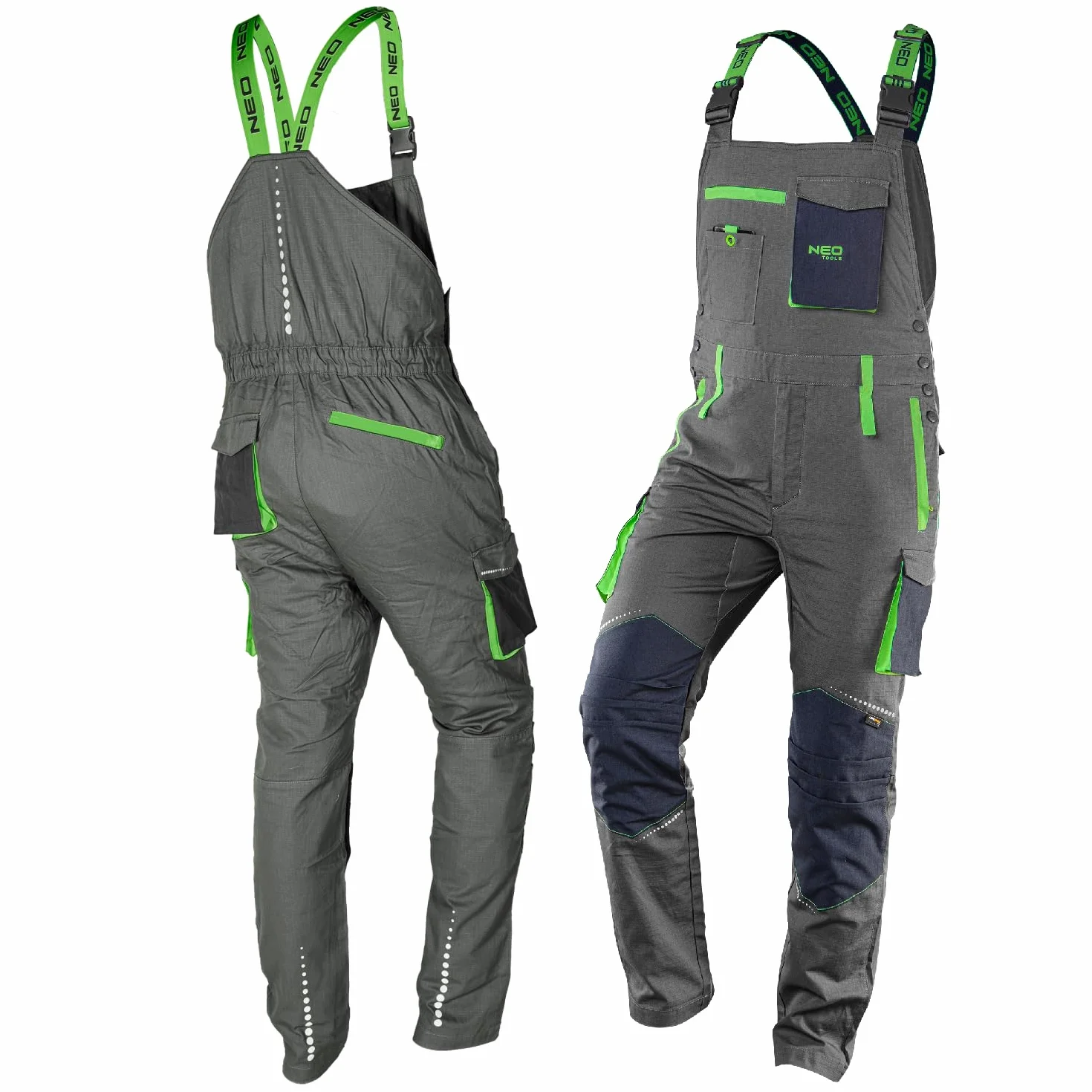 NEO TOOLS Męskie spodnie robocze klasy premium, 100% bawełna 210 g/m2, Ripstop, rozmiar XS-3XL, obszar kolan wzmocniony Cordura, elastyczny gumowy ściągacz i szelki, elementy odblaskowe