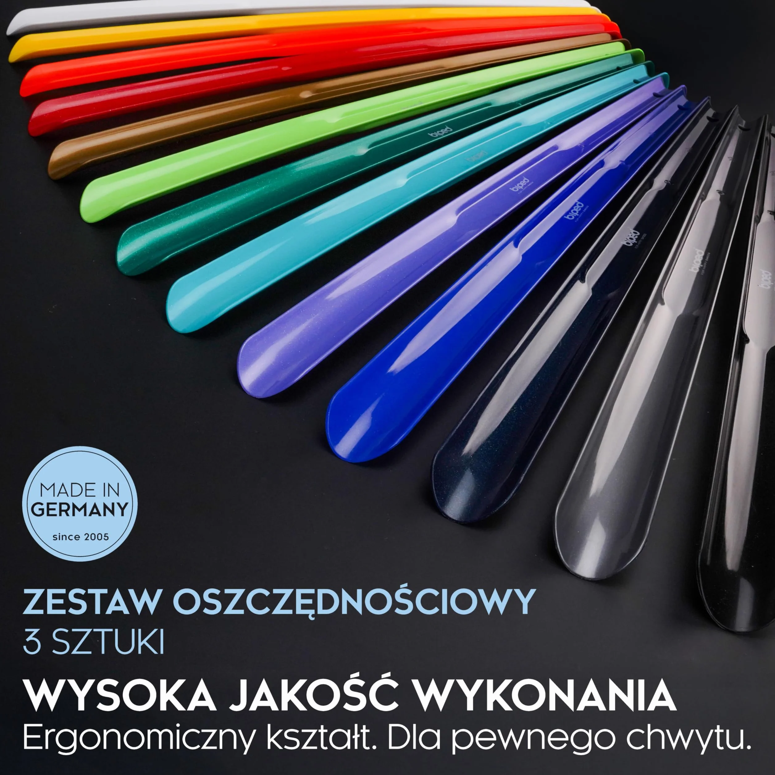 biped zestaw 3 długich łyżek do butów 65 cm plastik – bardzo długa łyżka z haczykiem – solidna i wytrzymała – produkcja niemiecka z1557