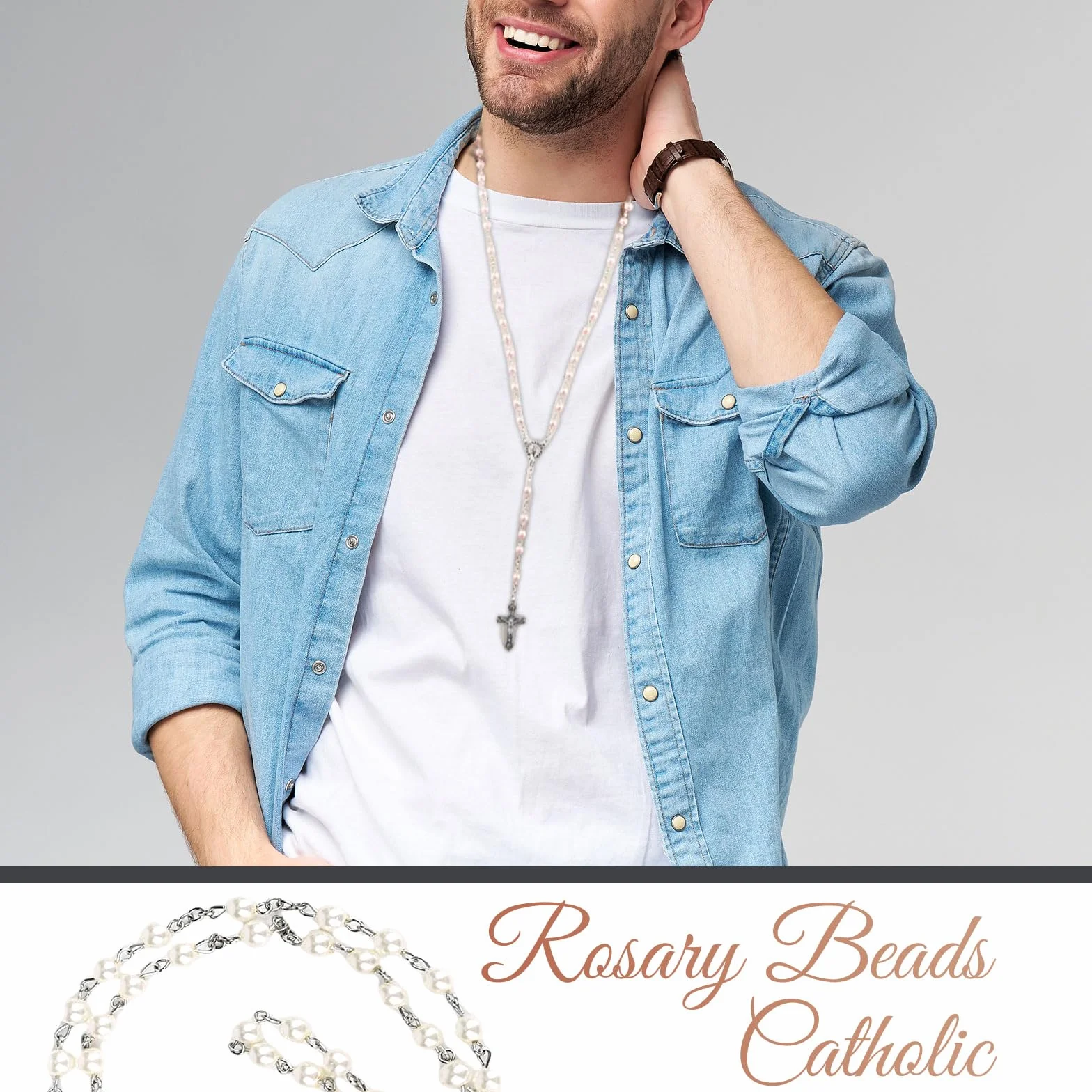 GlamRays Rosaria Beads Catholic - prezenty bierzmujące dla nastolatek, srebrne metalowe pudełko upominkowe w prostym stylu, biały różaniec ze sztucznej perły, prezenty dla kobiet, Large
